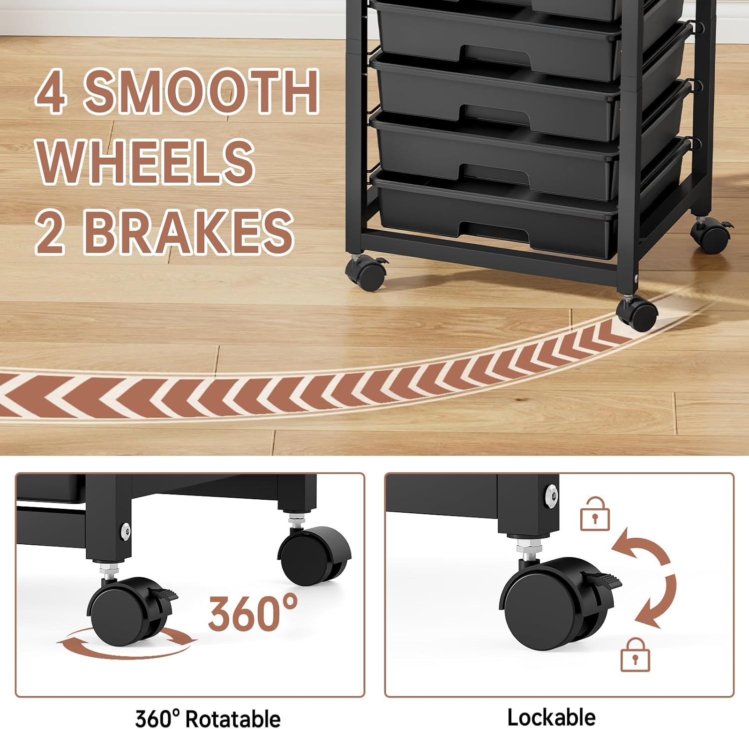 Detalle 2 de SYKIARIOL 1250-BLACK Rolling Storage Cart with 8 Drawers and Wooden Tabletop