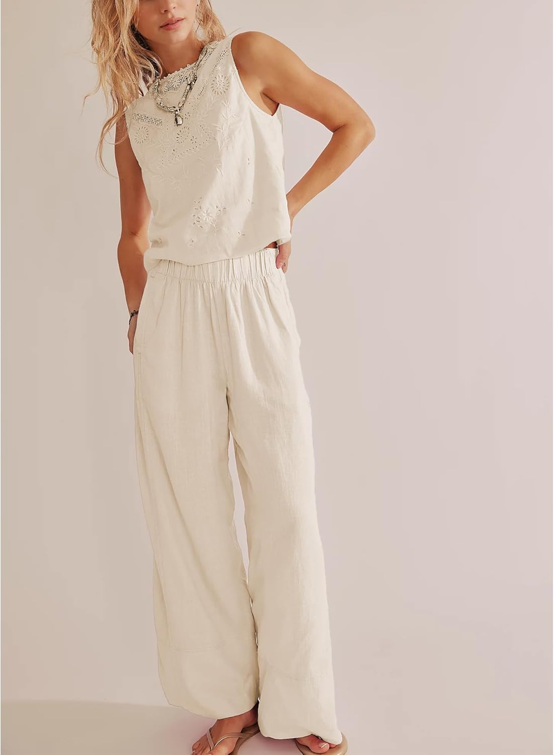 Detalle de SeeLuNa Linen Pants for Women: Cotton Baggy Boho Palazzo with Pockets