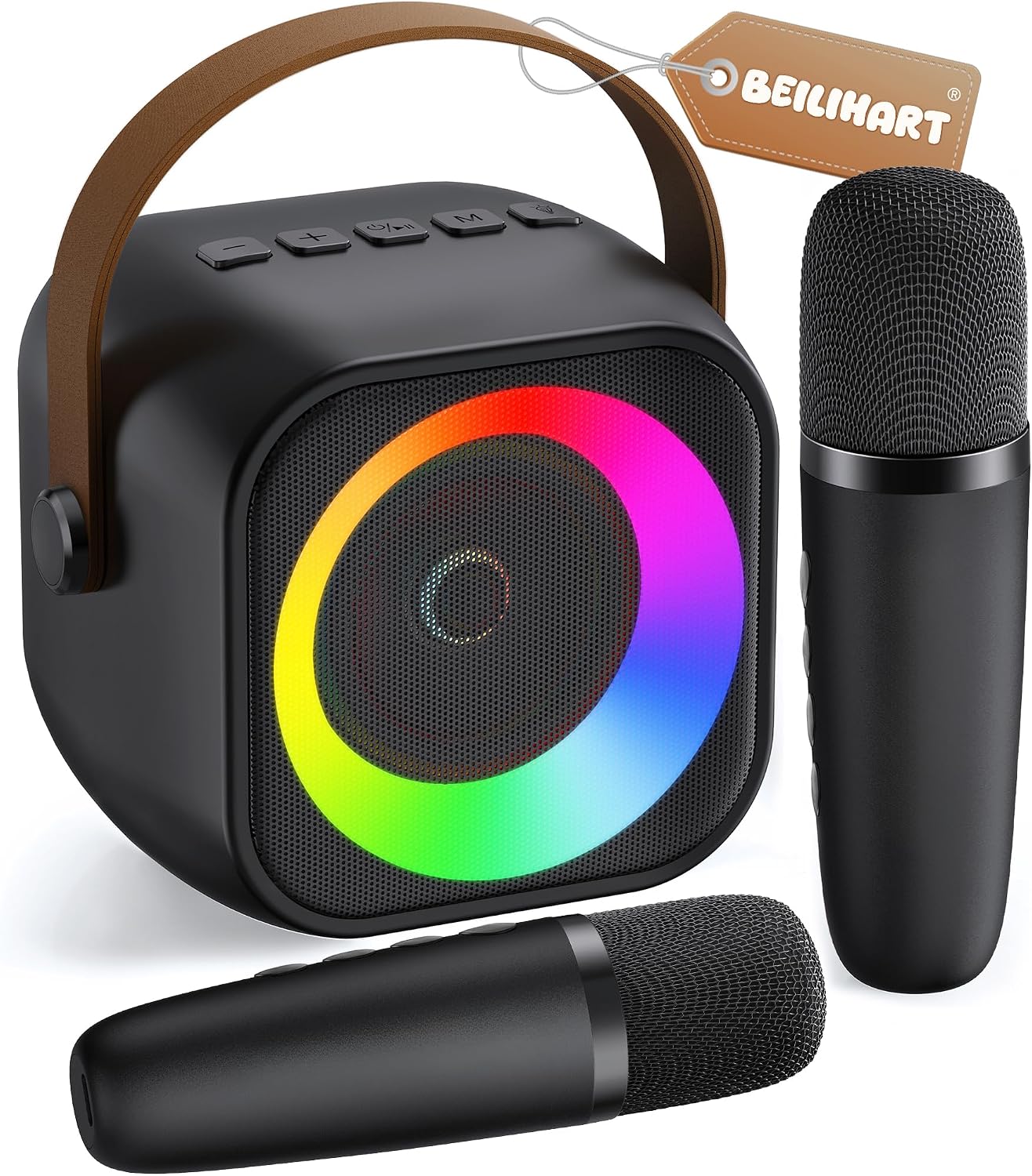 BEILIHART Mini Karaoke Machine: Portable Bluetooth Speaker with 2 Wireless Mics, Party Lights