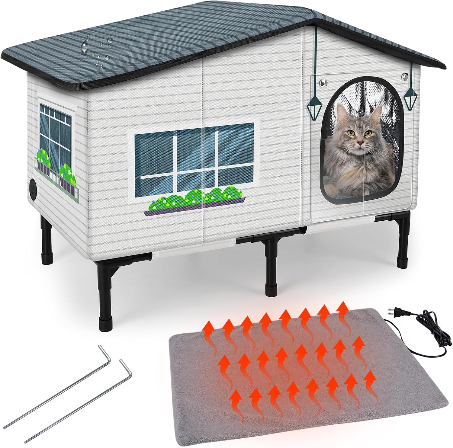 Detalle de GASUR 02 Heated Outdoor Cat House, Insulated, Waterproof, Elevated, Dual-Exit