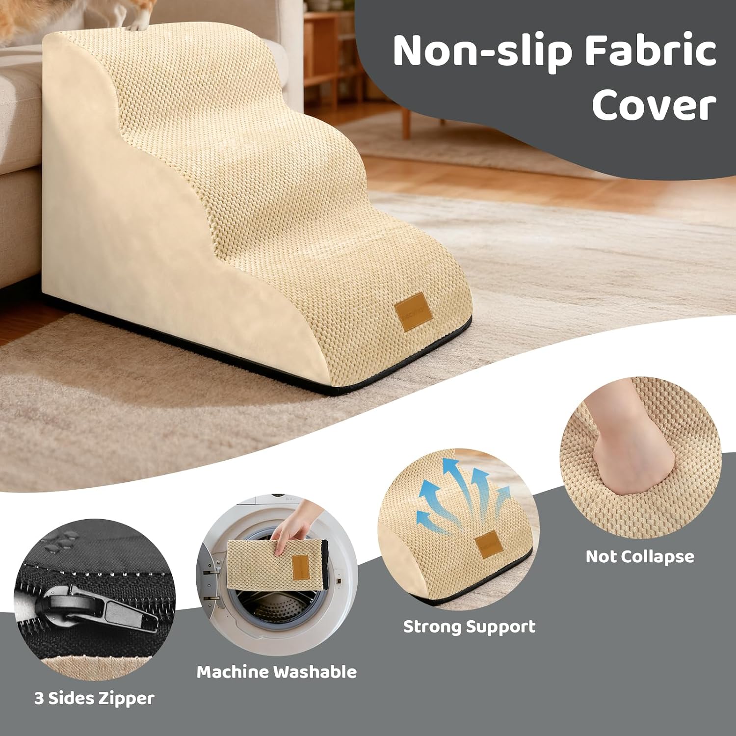 Detalle 2 de necvha Dog Steps for Bed (Premium 3-Step, Beige) — Non-Slip Foam Pet Ramp with Removable Plush Cover