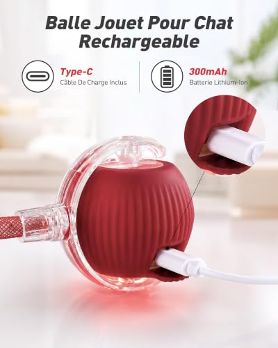 Detalle de RZPTL balle interactive pour chat rouge avec queue, 3 modes et recharge USB-C