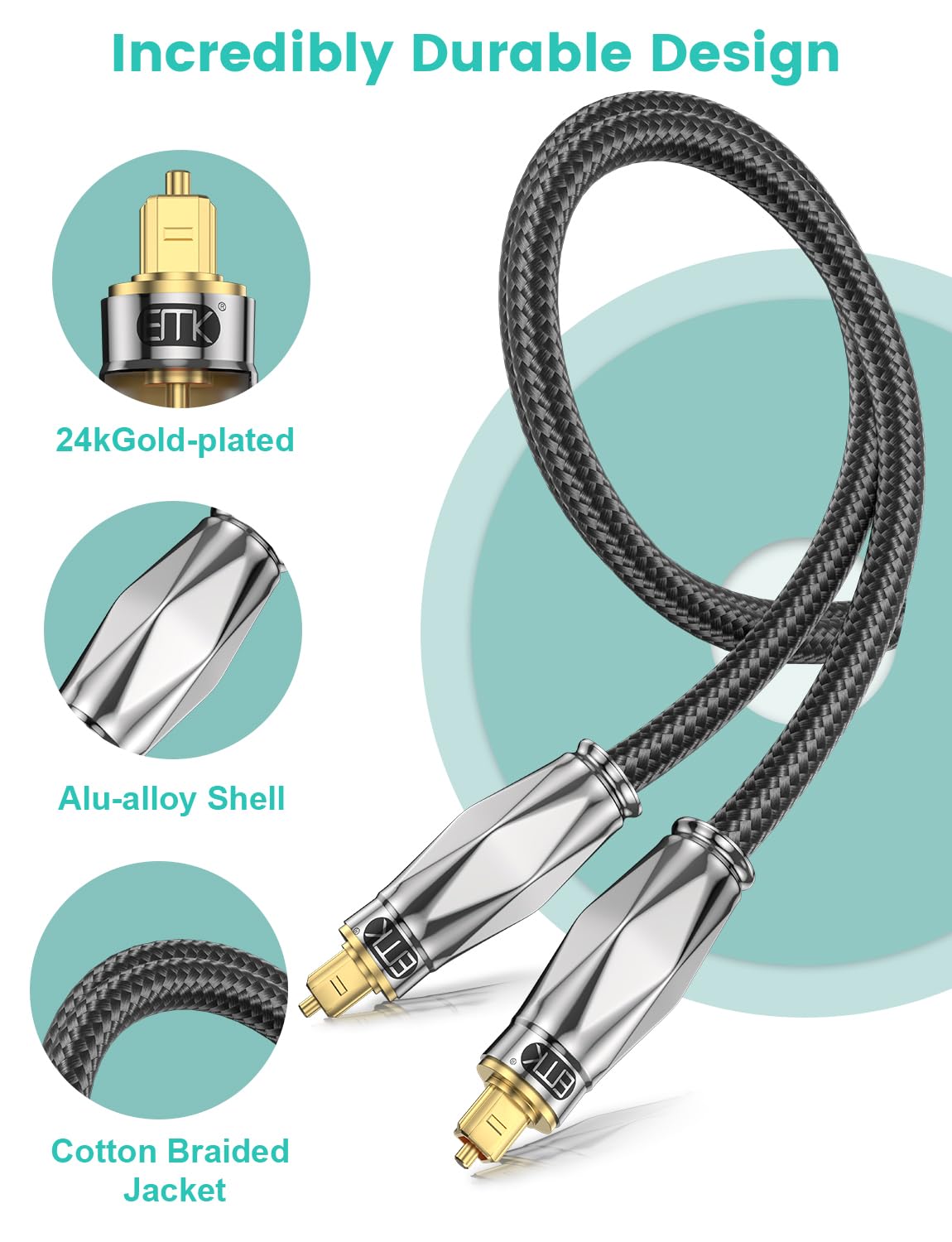 Thumbnail 3 de EMK Digital Optical Audio Cable (3 Metres) with 24K Gold Plated Connectors