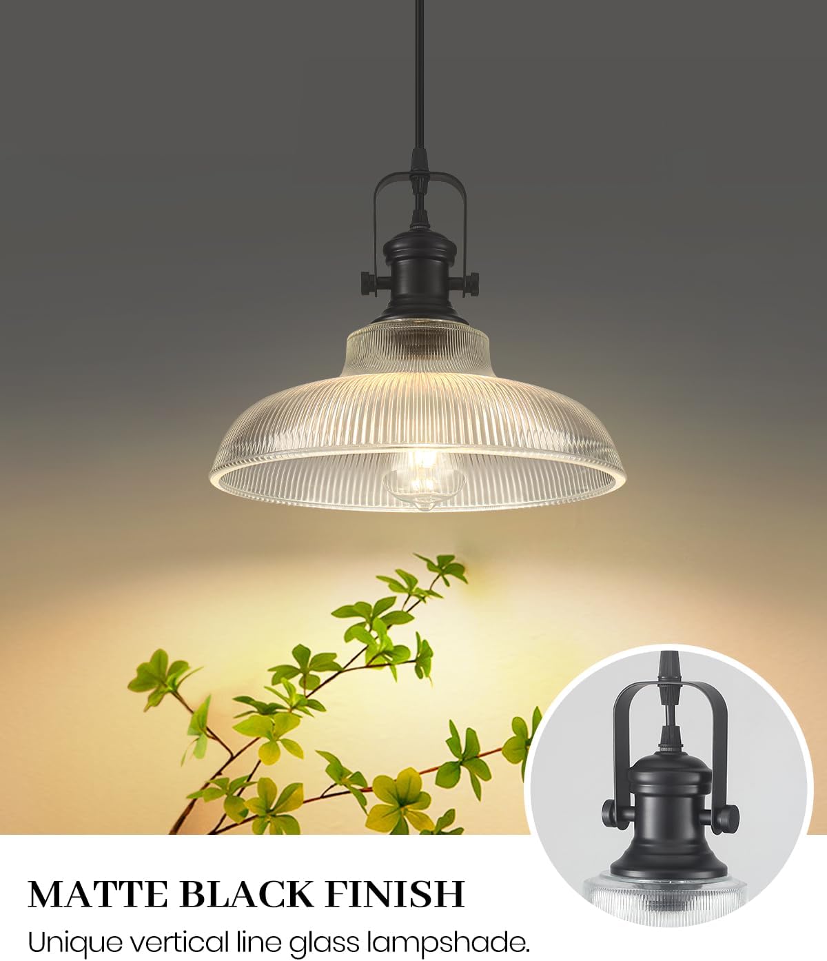 Detalle 2 de COTTMIC SGP-Glass-Black-1p Black Ribbed Glass Pendant Light, Adjustable 66in Cord
