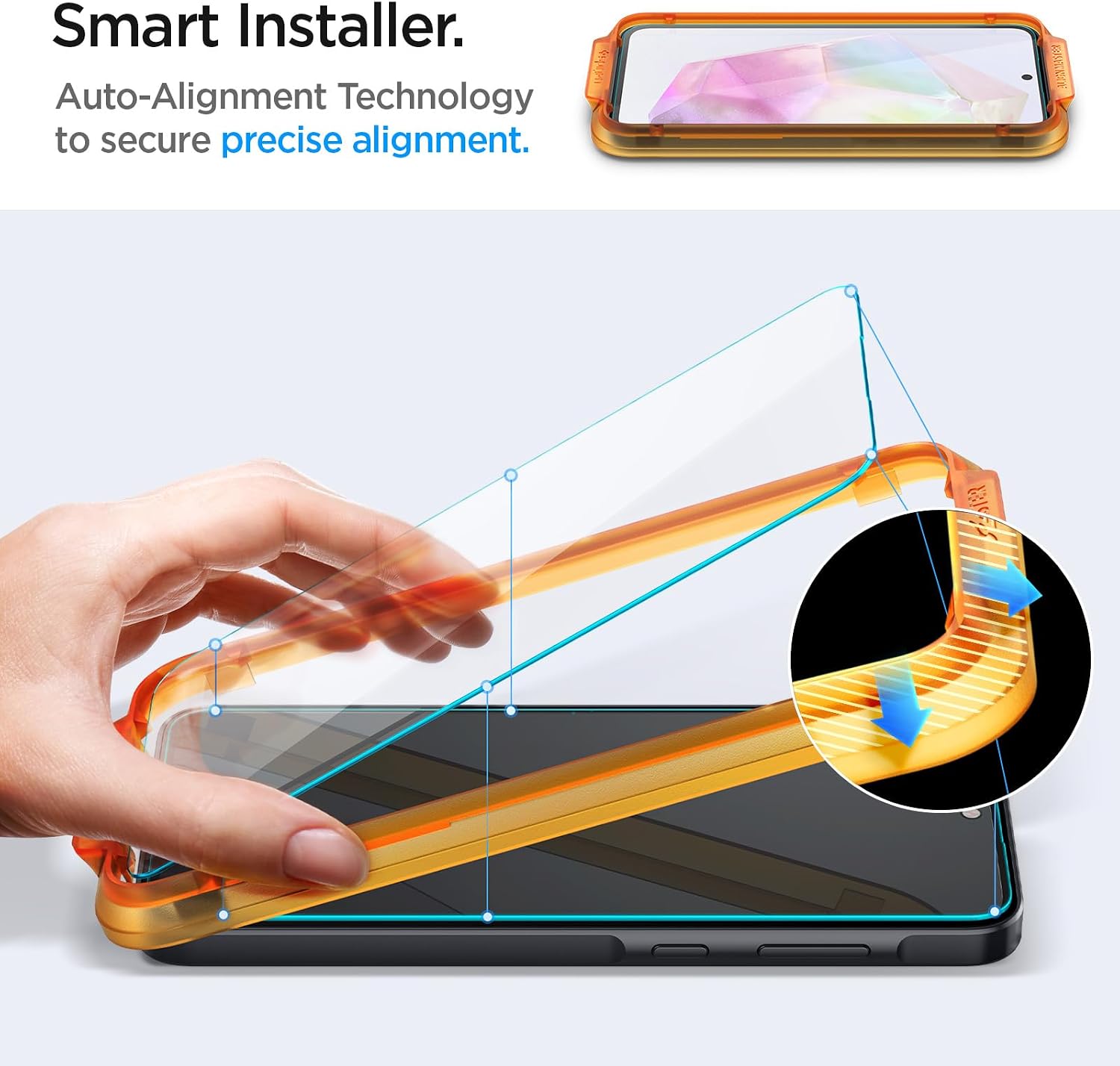 Detalle de Spigen AlignMaster Vetro Temperato per Samsung Galaxy A35 5G (2 pezzi) con cornice di allineamento