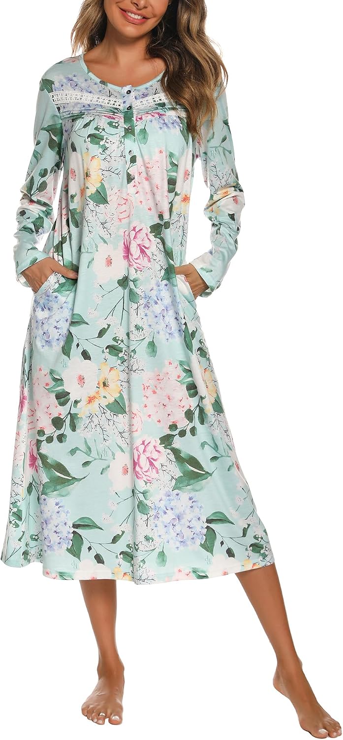 Detalle de YOZLY Long-Sleeve Nightgown for Women with Pockets, Cotton-Blend Fabric