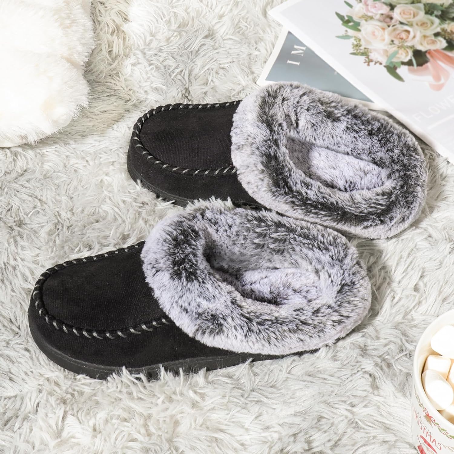 Detalle 2 de ULTRAIDEAS Women's Memory Foam Slippers with Suede, Faux Fur, and Rubber Sole