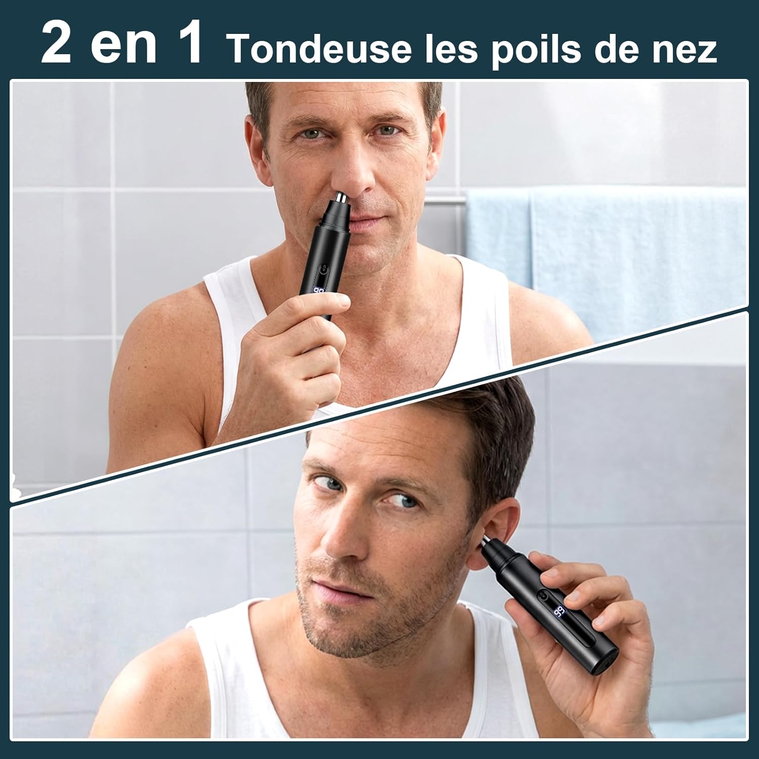 Thumbnail 1 de Tondeuse Nez USB rechargeable 2 en 1 (poils du nez et des oreilles) avec écran LCD et tête rotative 360°