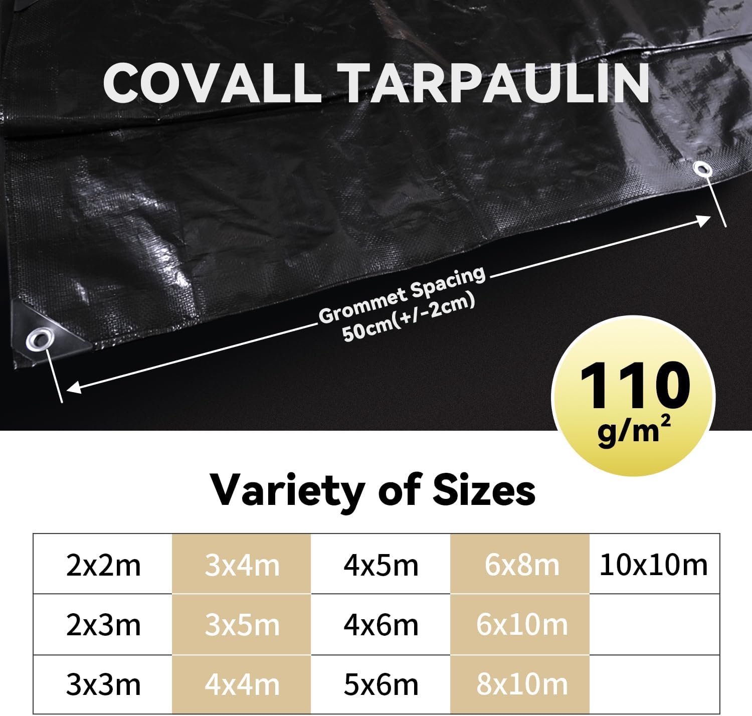 Thumbnail 4 de COVALL Tarpaulin 6m x 8m Black 110GSM Waterproof Groundsheet