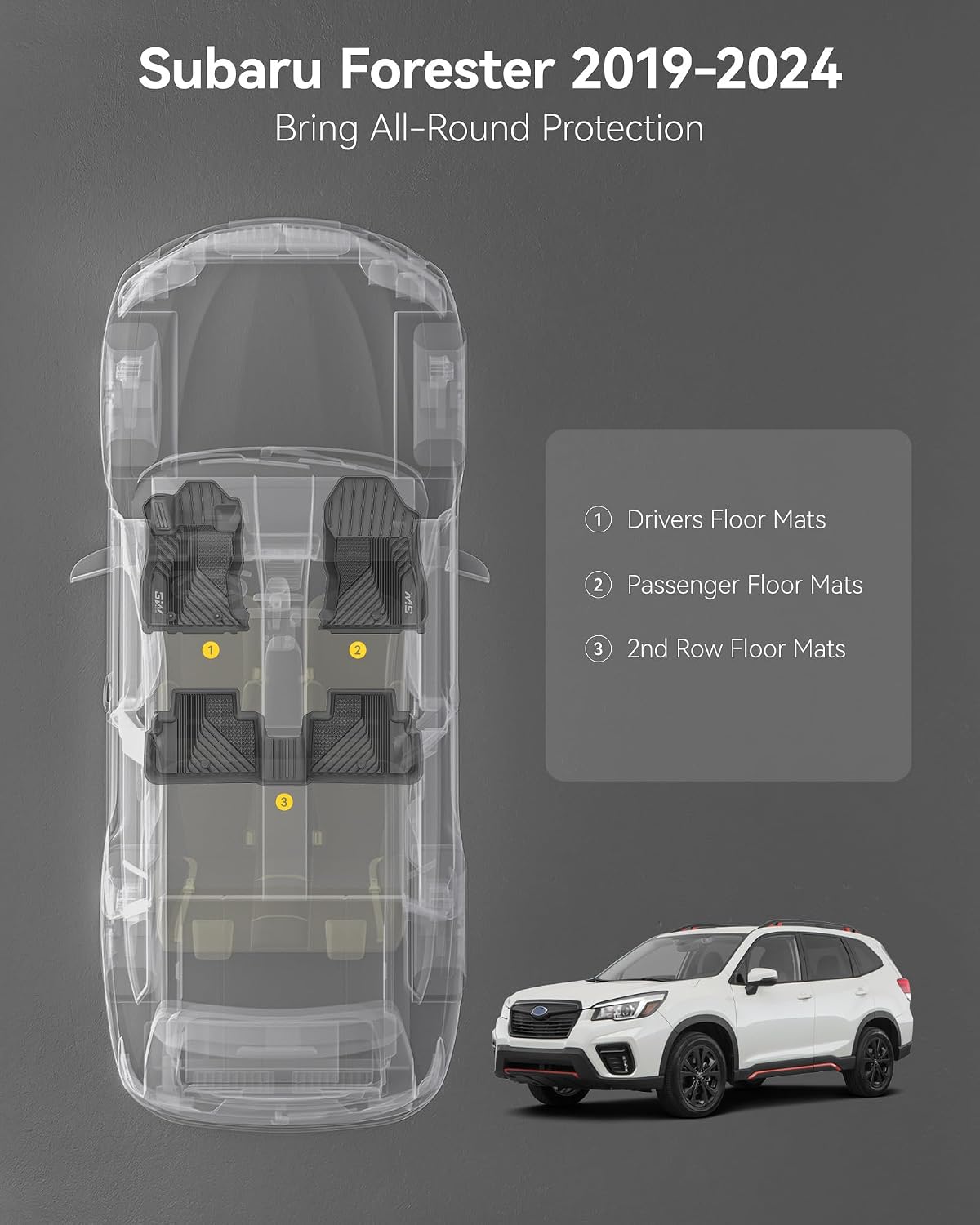 Thumbnail 1 de 3W Custom Fit All Weather Floor Mats for Subaru Forester 2019-2024 – Full Set, TPE, Edge-to-Edge Coverage