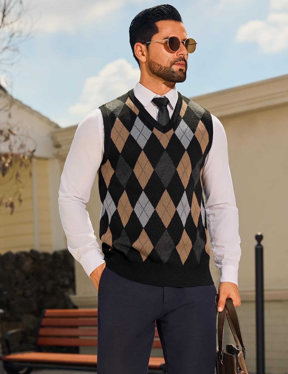 Detalle 1 de Sykooria Pullunder Herren Ärmellose Strickweste V‑Ausschnitt S-XXL