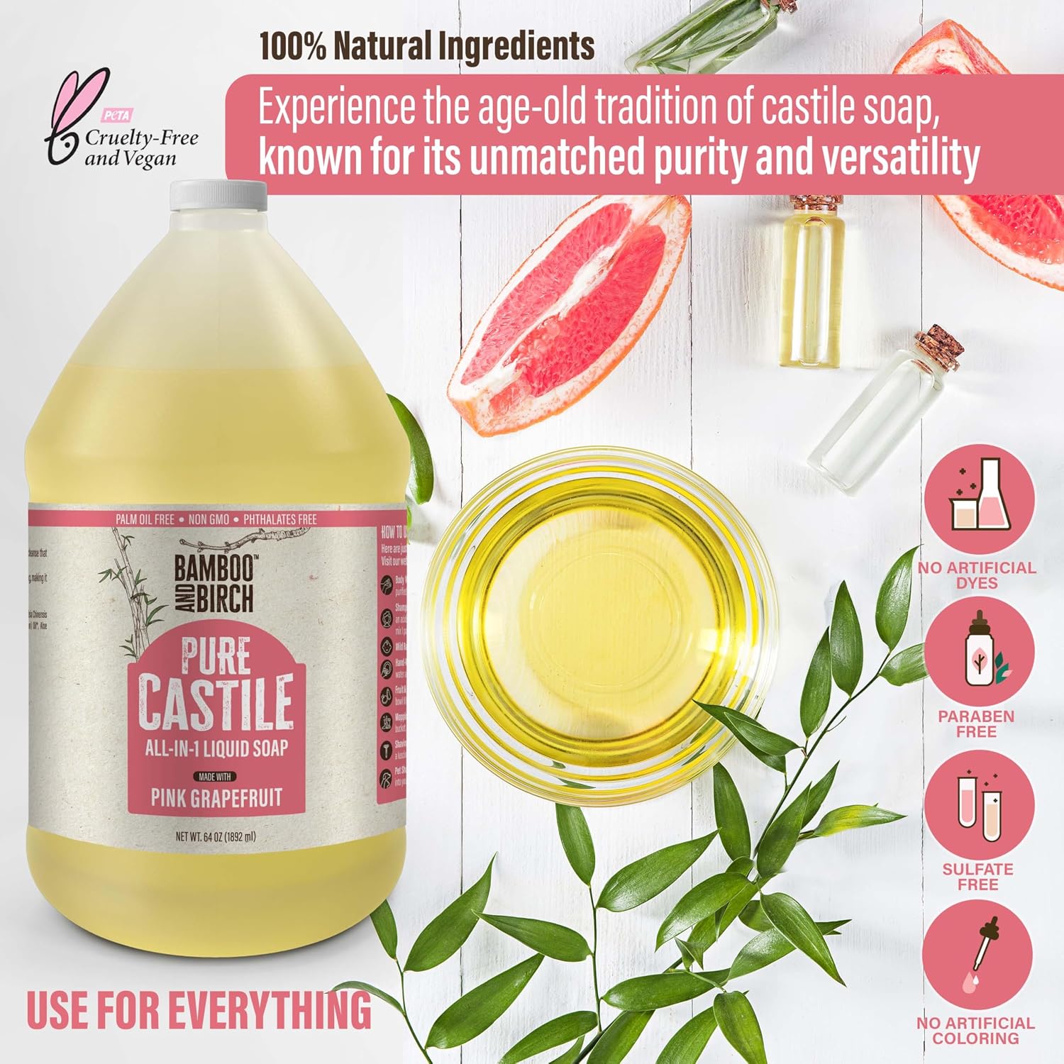 Detalle de Bamboo & Birch Pure Castile Soap Liquid, Citrus Grapefruit, 64 oz