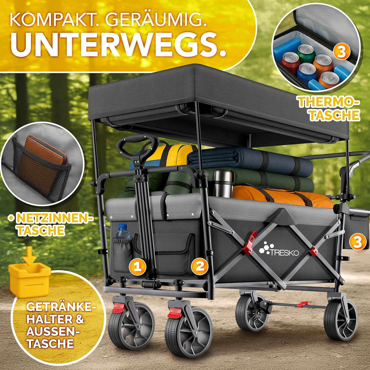 Thumbnail 2 de TRESKO faltbarer Bollerwagen mit Dach, Kühlfach und Seitenrollos (bis 150 kg)