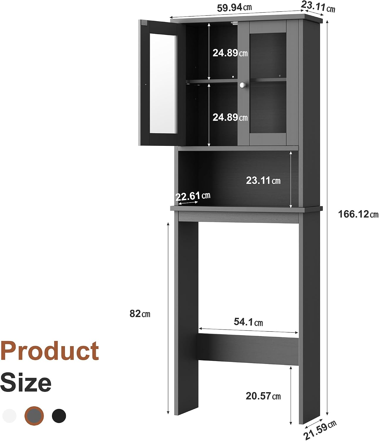 Detalle 2 de Shintenchi Over-the-Toilet Storage Cabinet, Grey, Adjustable Shelf and Glass Door