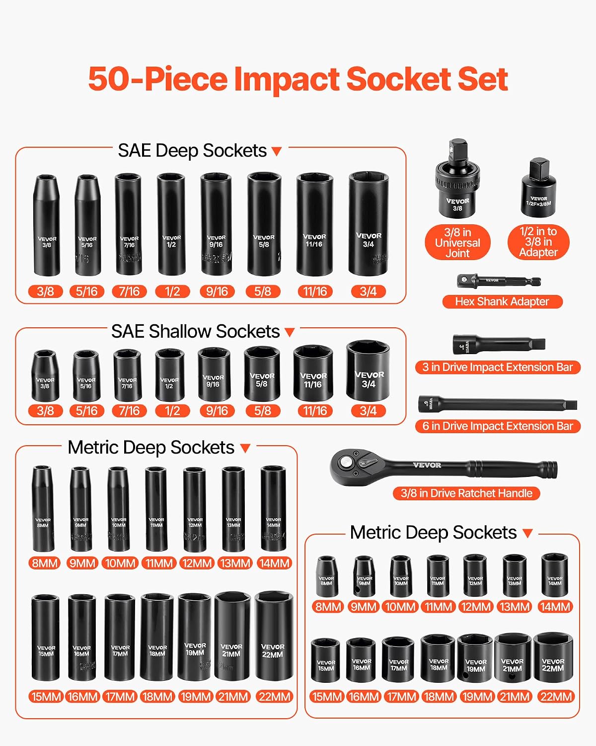 Thumbnail 2 de VEVOR 50-Piece 3/8 Drive Socket Set