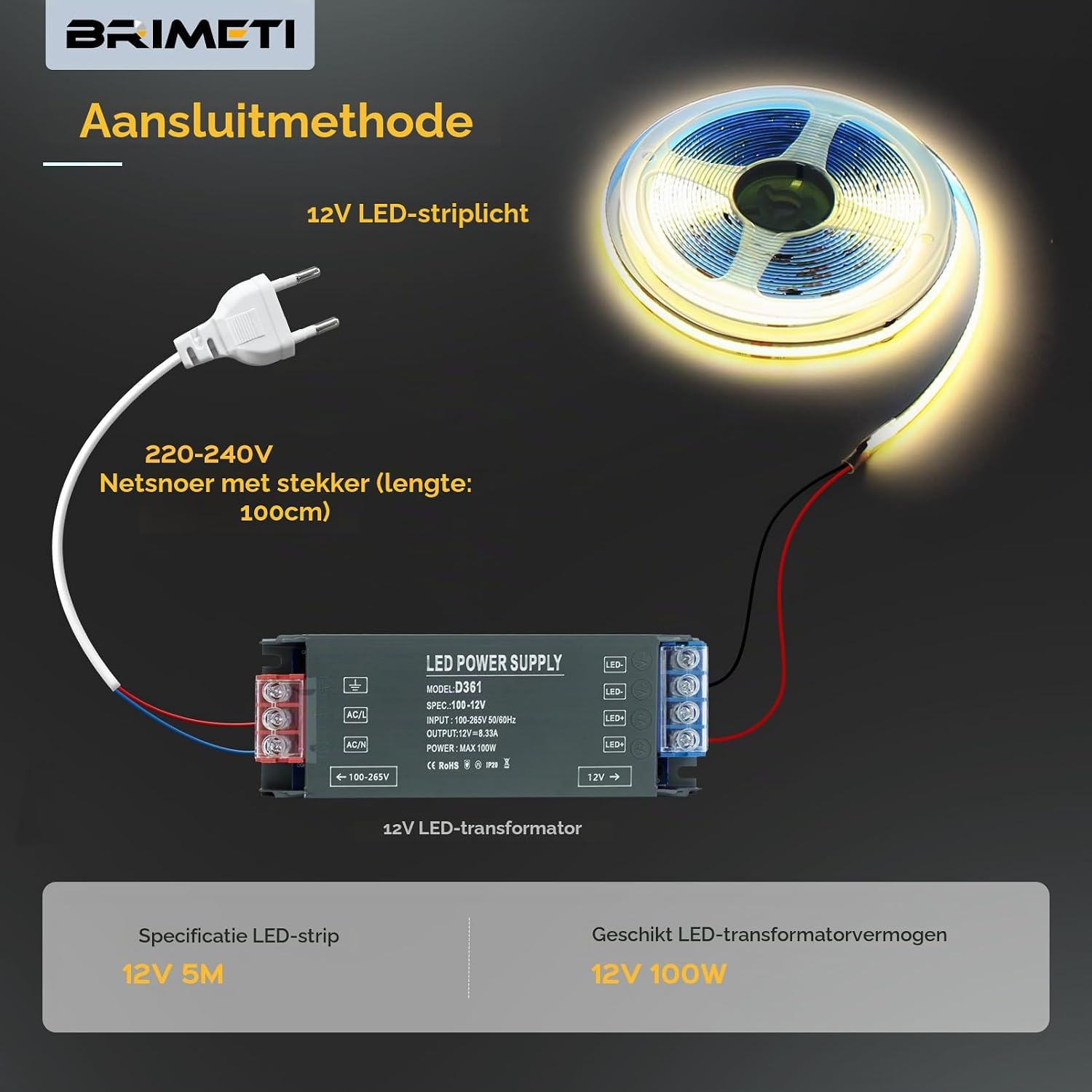 Thumbnail 2 de BRIMETI 5M COB-ledstrip 5 m, 12 V, warmwit 3000 K, zelfklevend