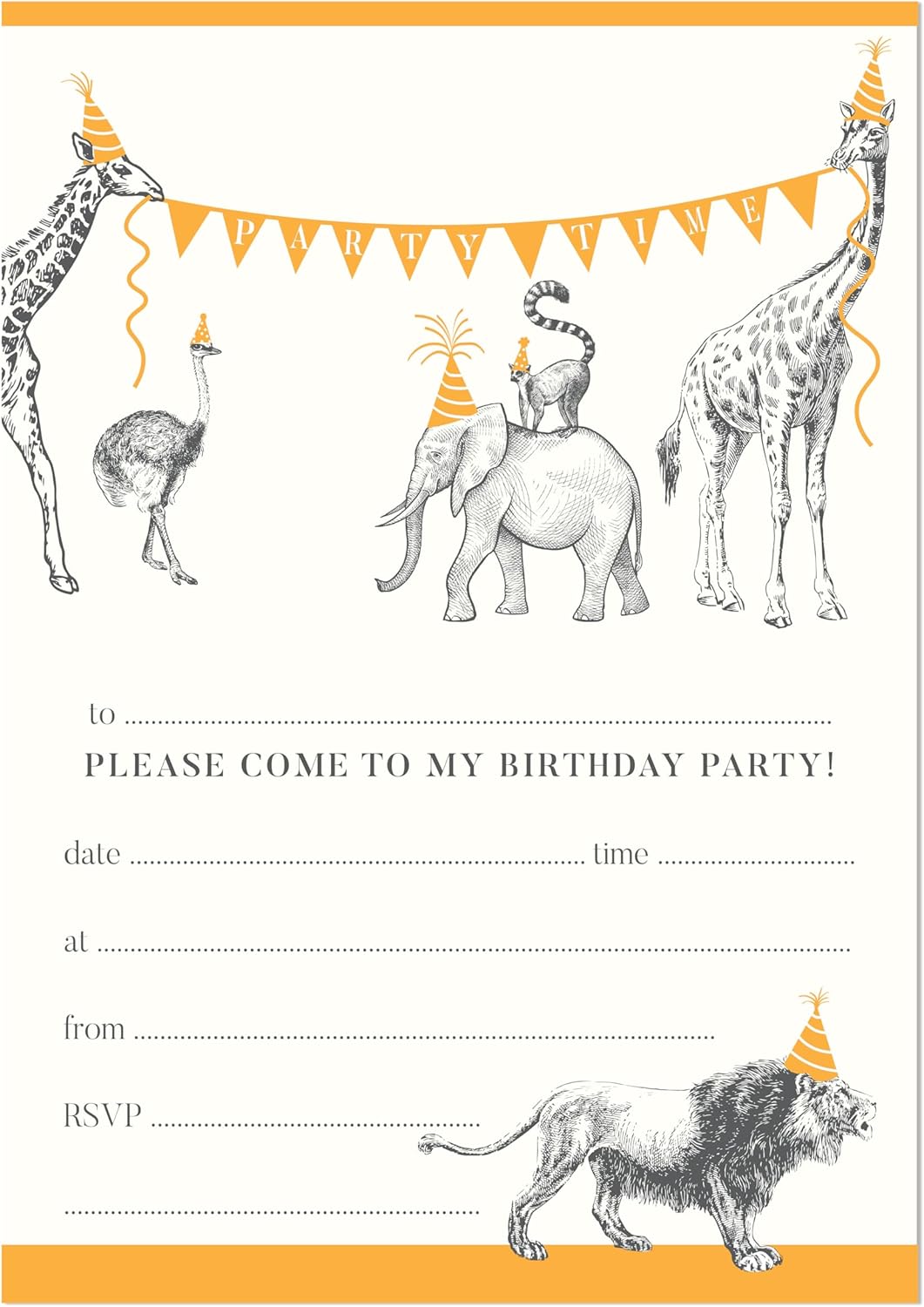 Thumbnail 2 de M & G Mustard & Gray Animal Parade children’s party invitations (A5, x24 invites only)