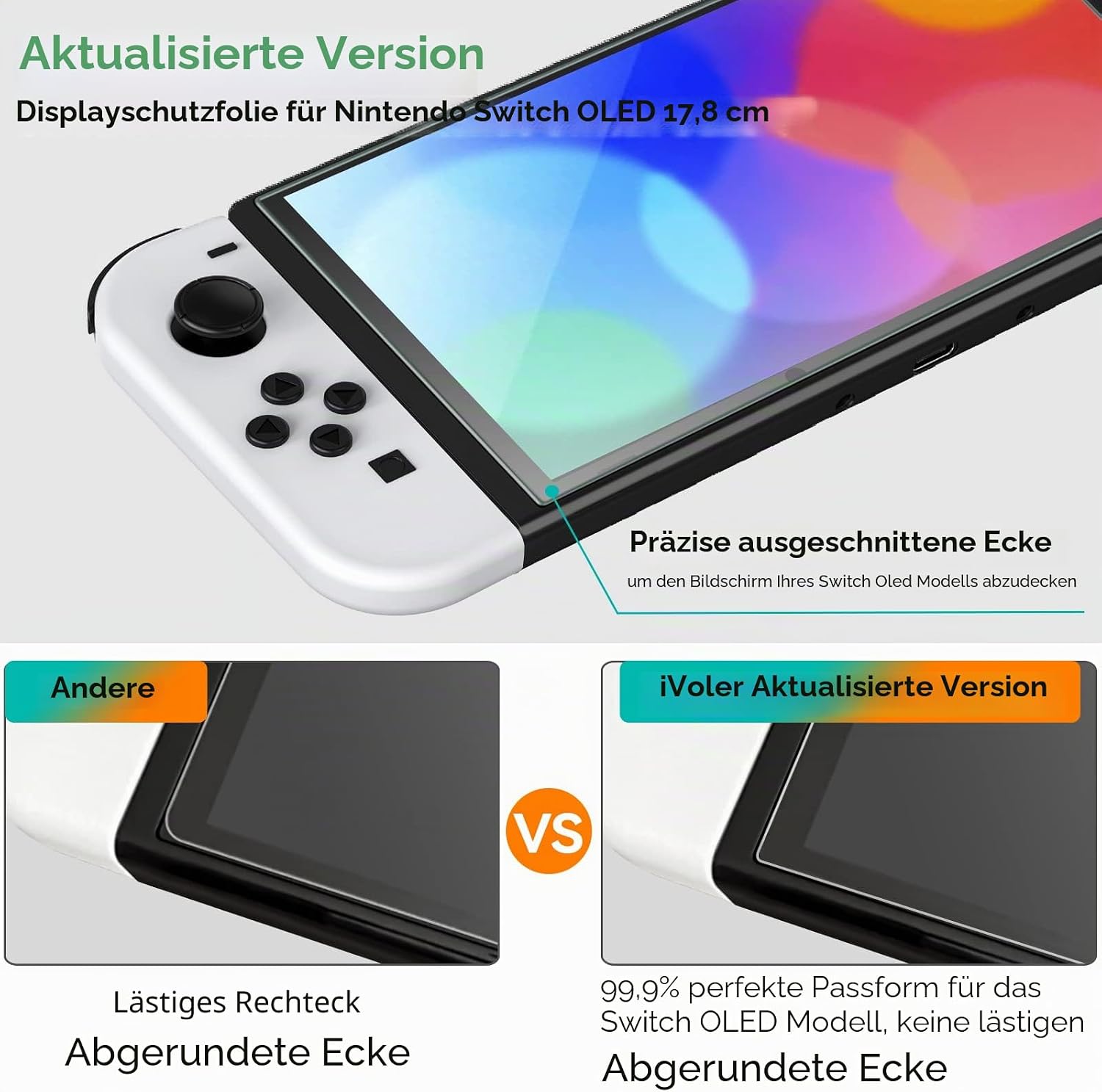 Detalle de iVoler 4er Panzer-Schutzglas für Nintendo Switch OLED (7 Zoll, 2021) mit Positionierhilfe