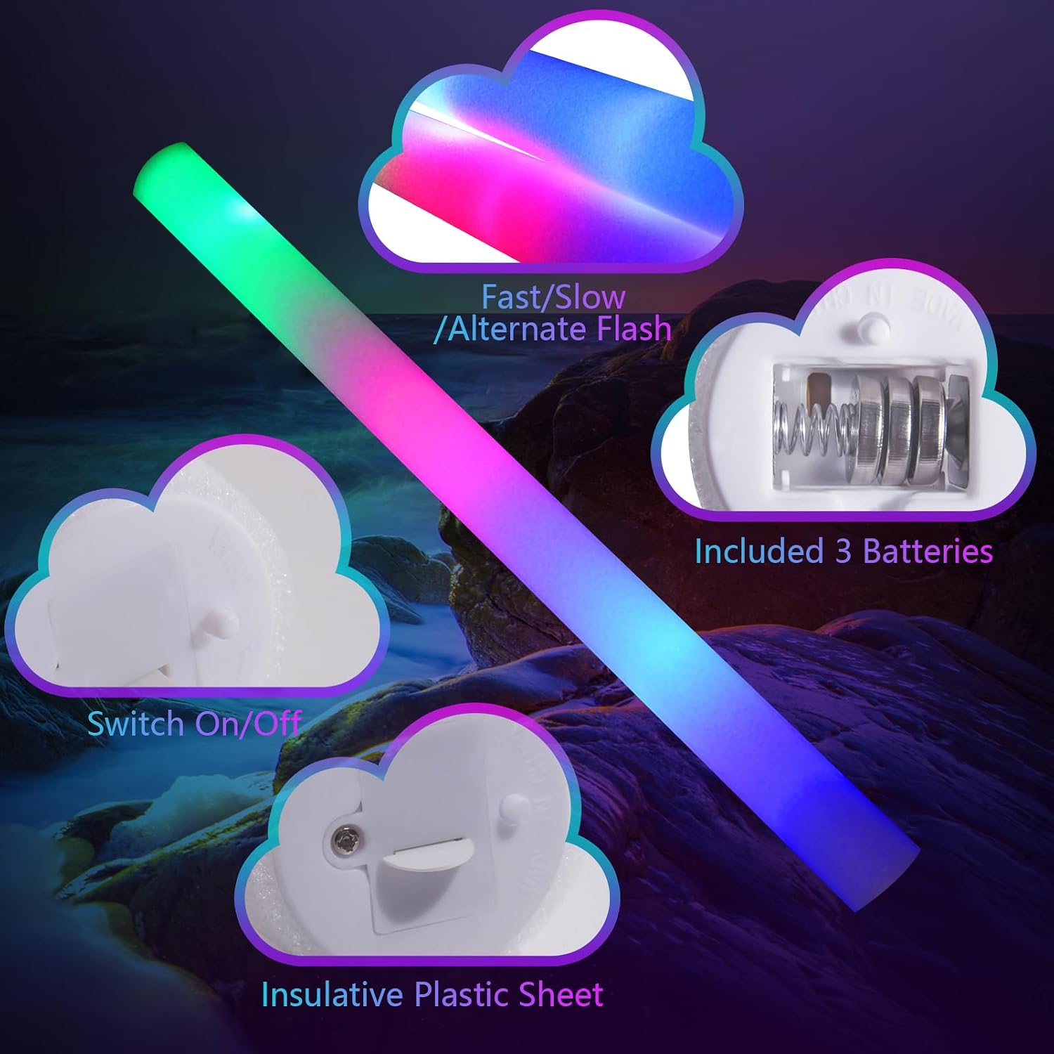Detalle de wellent 55 PCS Foam Glow Sticks LED Foam Light-Up Sticks (3 Color Modes)