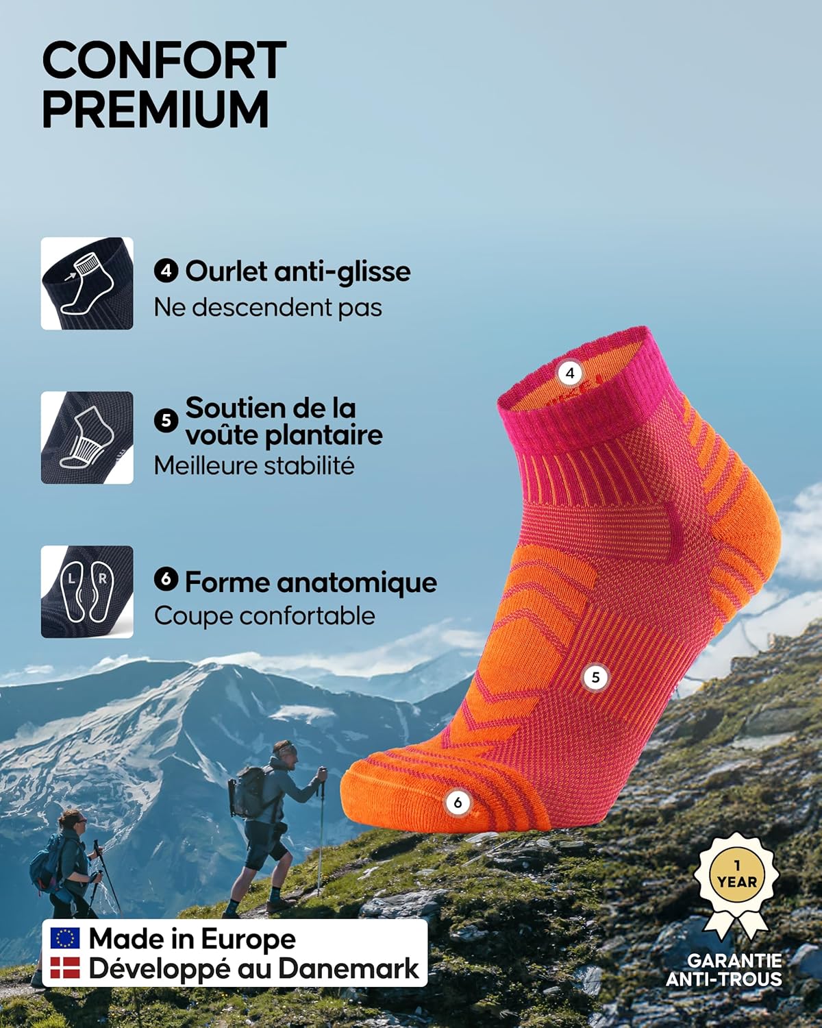 Thumbnail 2 de DANISH ENDURANCE Chaussettes de Randonnée en Laine Mérinos Légères (3 paires) – Unisex