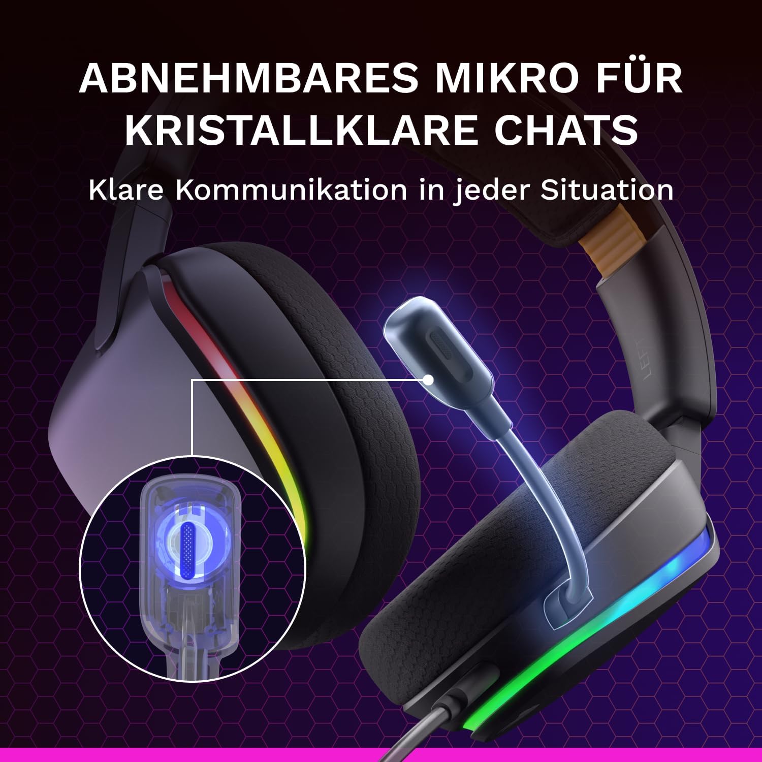 Detalle de GLORIOUS GHS Eternal RGB Gaming-Headset – Abnehmbares Mikrofon, USB-C, 16,8 Mio. Farben, Komfort & Robustheit