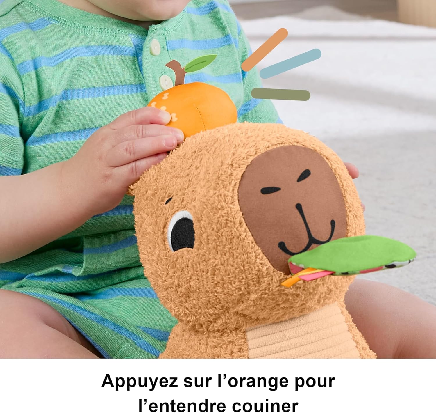 Detalle de Fisher-Price Mon Capybara Câlins (HYR54) : peluche sensorielle avec anneau de dentition et hochet