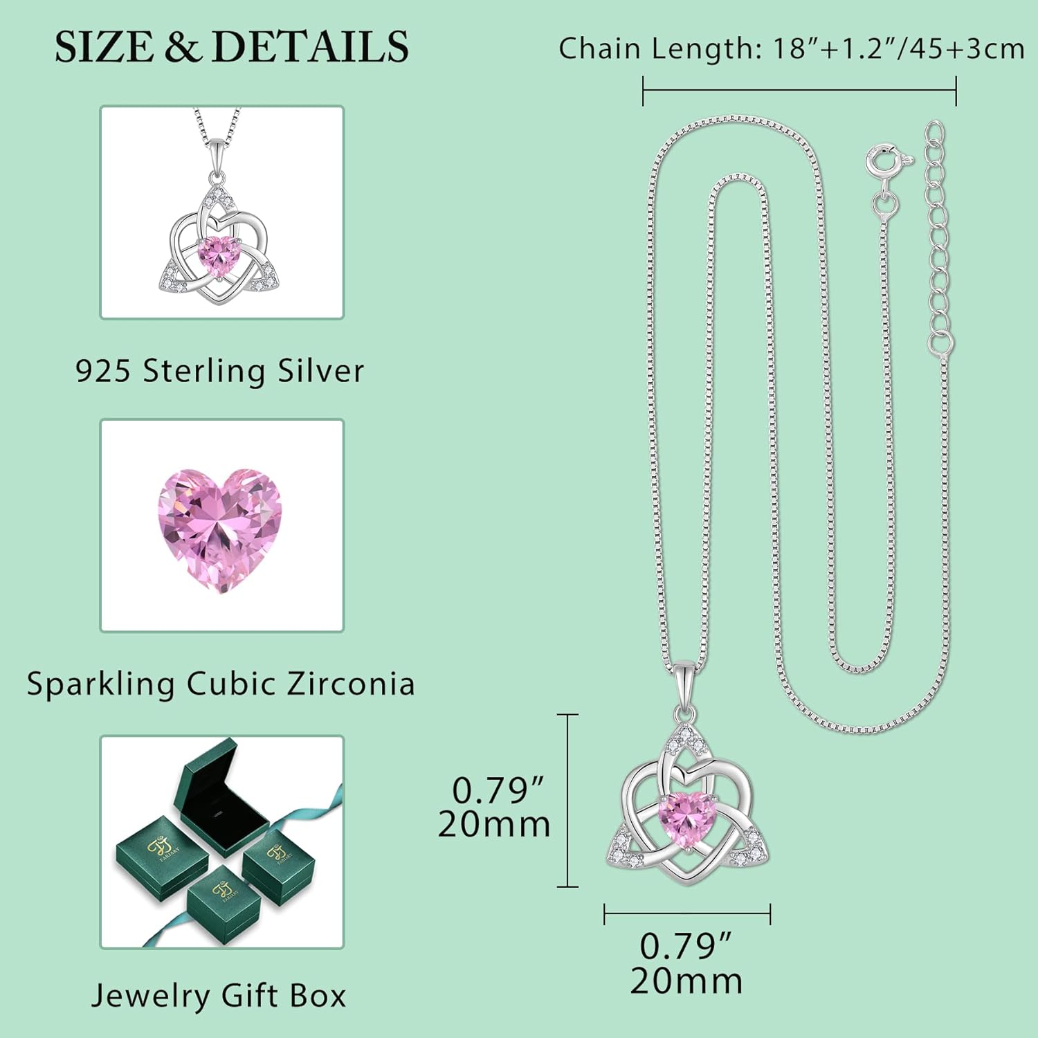 Thumbnail 4 de FJ Herz „Keltischer Knoten“ Kette mit Geburtsstein-Anhänger aus 925 Sterling Silber für Damen