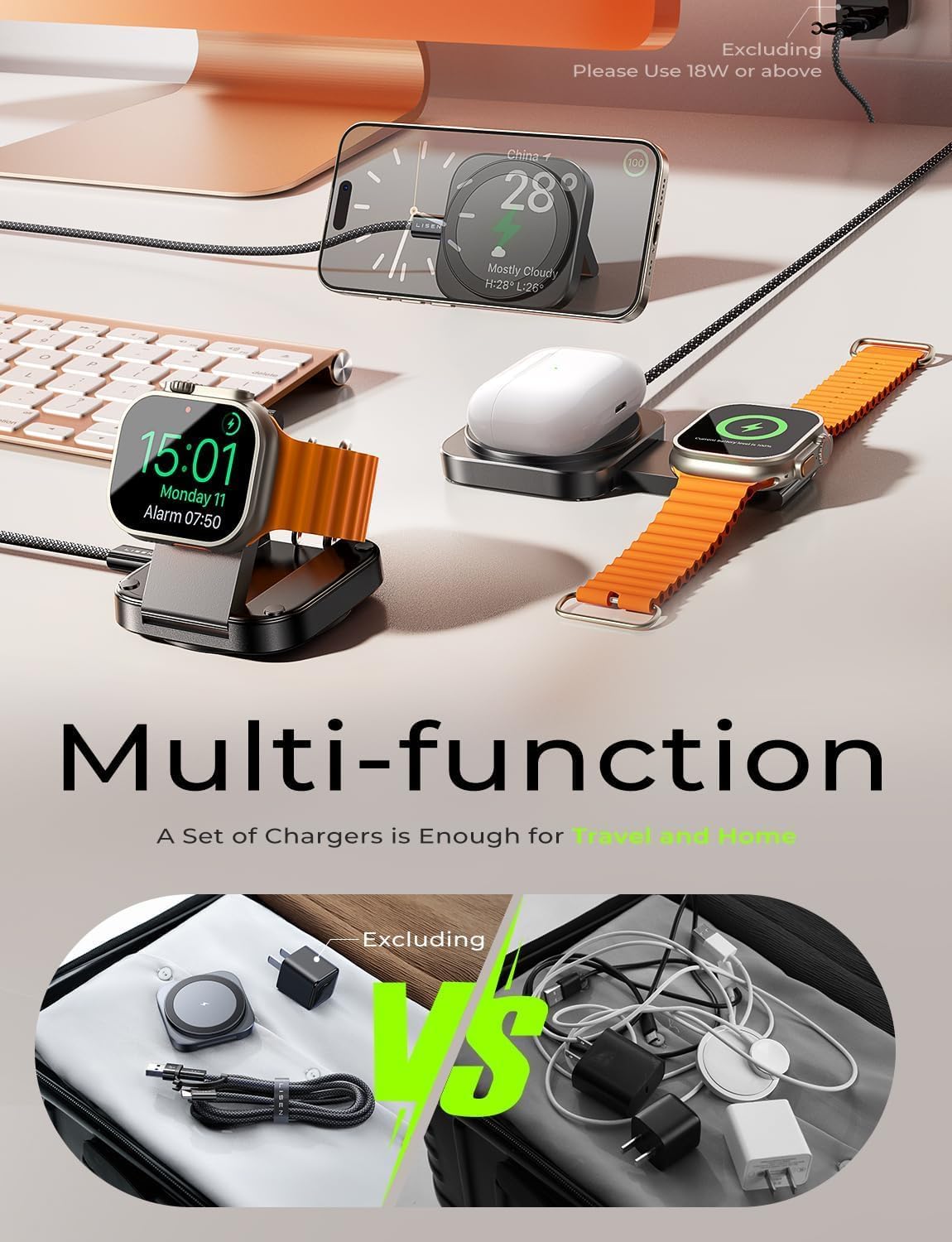 Detalle de LISEN Mini Cargador 3 en 1 Inalámbrico para iPhone y Apple Watch