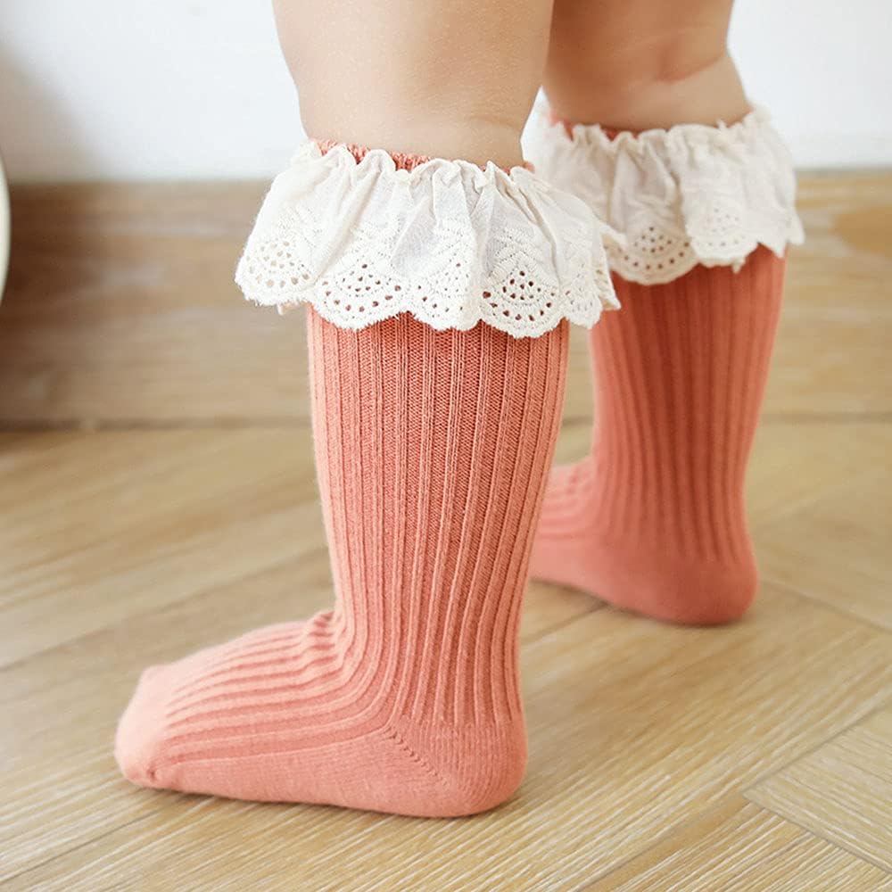 Detalle de HXQLXGT 4 Pack Baby Girls' Cotton Knee-High Socks with Lace (0–3 Years)