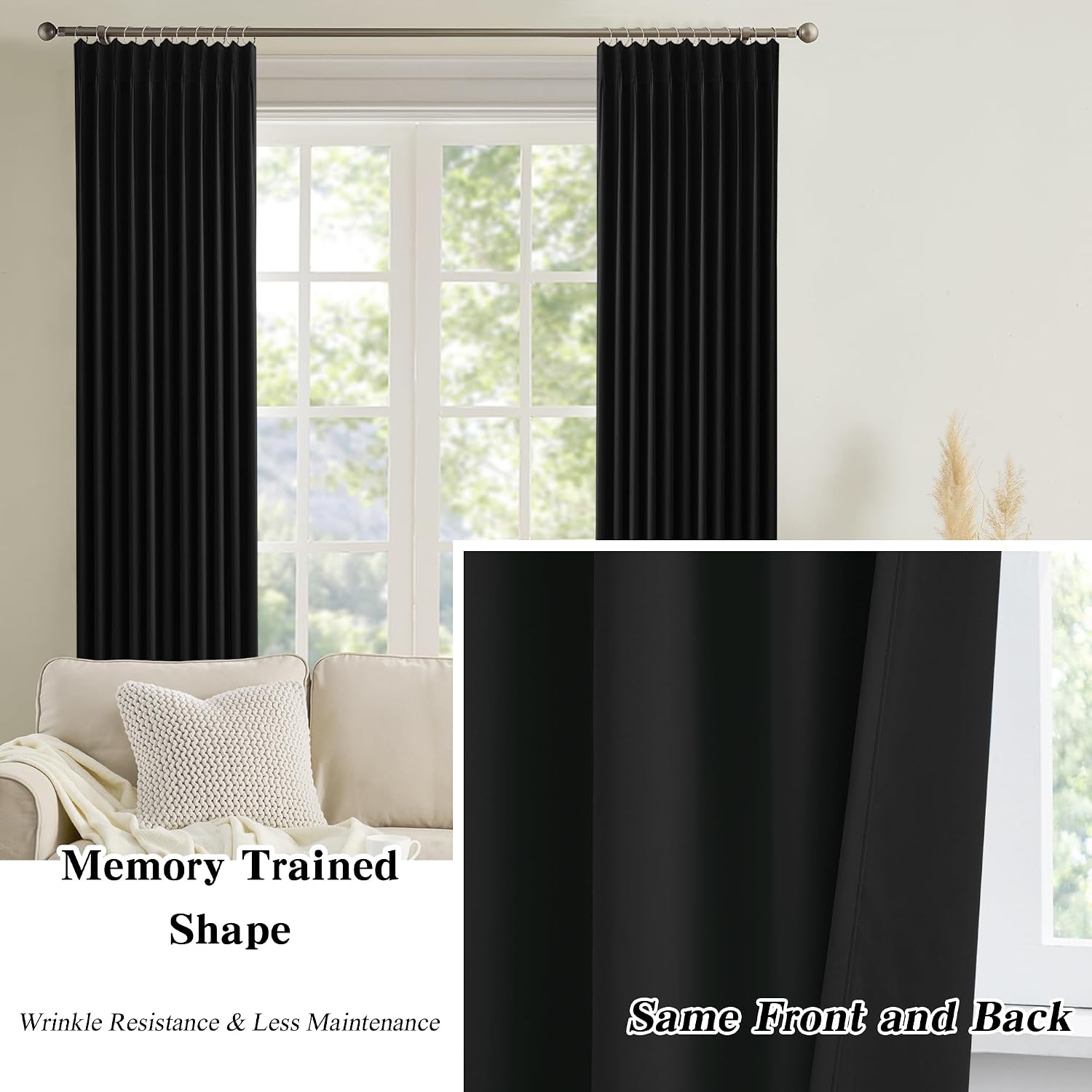 Thumbnail 5 de KEQIAOSUOCAI Black Pinch Pleated Curtains 80ร84 ๐ช