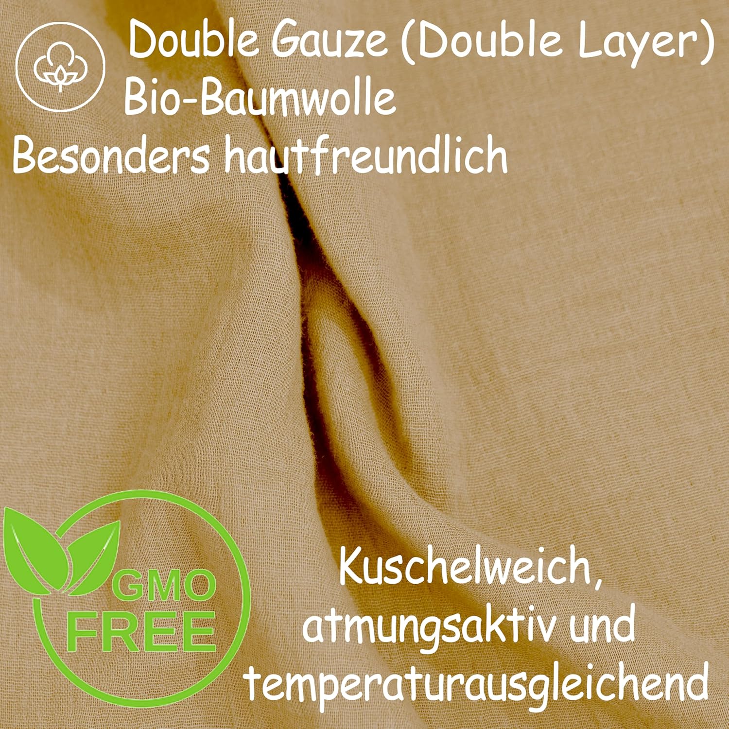 Thumbnail 6 de PinkZebra Bio-Musselin Kopfkissenbezug 40 x 80 cm (ÖkoTex/GOTS), mit Reißverschluss, beige