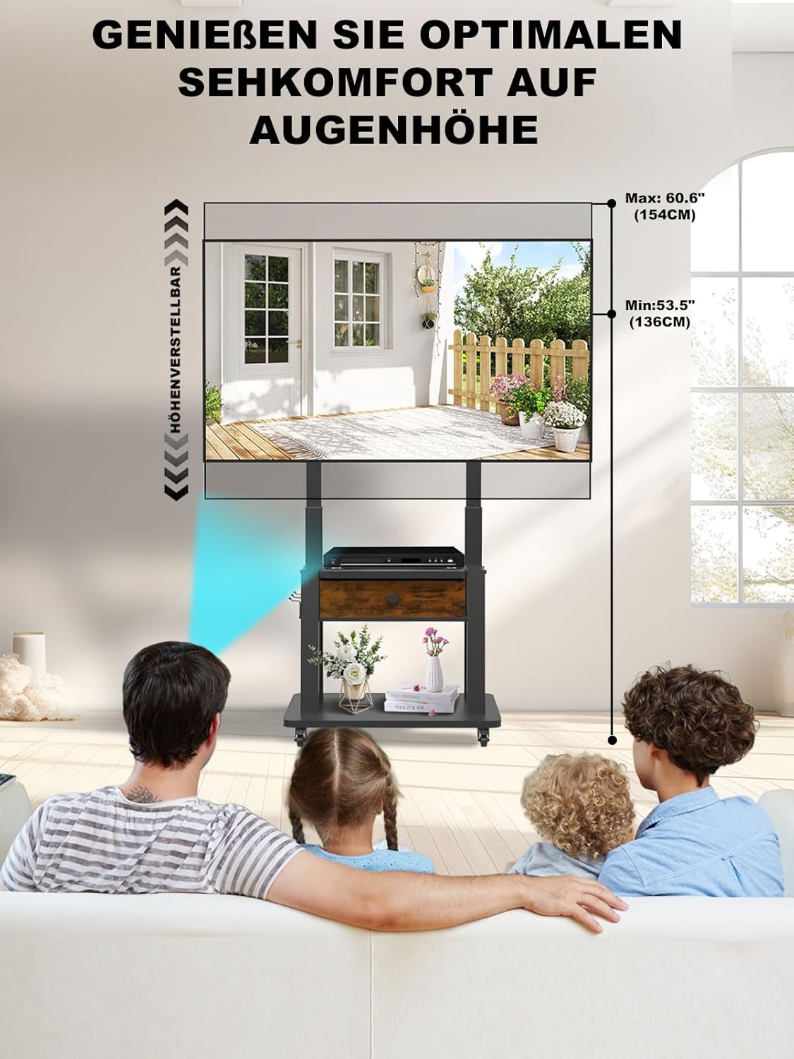 Detalle de Rollbarer TV-Ständer mit Stoffschublade für 32–75 Zoll - höhenverstellbar, rollbar und kompatibel mit VESA bis 600 × 400 mm