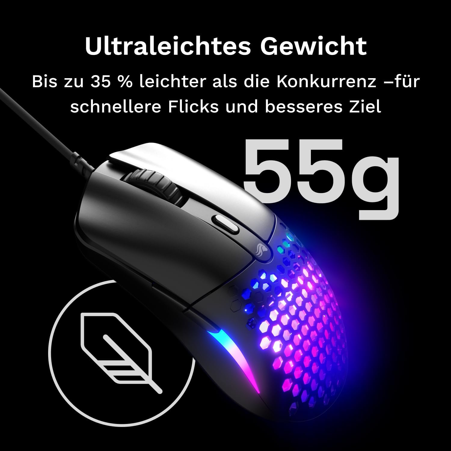 Detalle de GLORIOUS Model O Eternal – Kabelgebundene Gaming-Maus, 55 g, 12K DPI, Schwarz