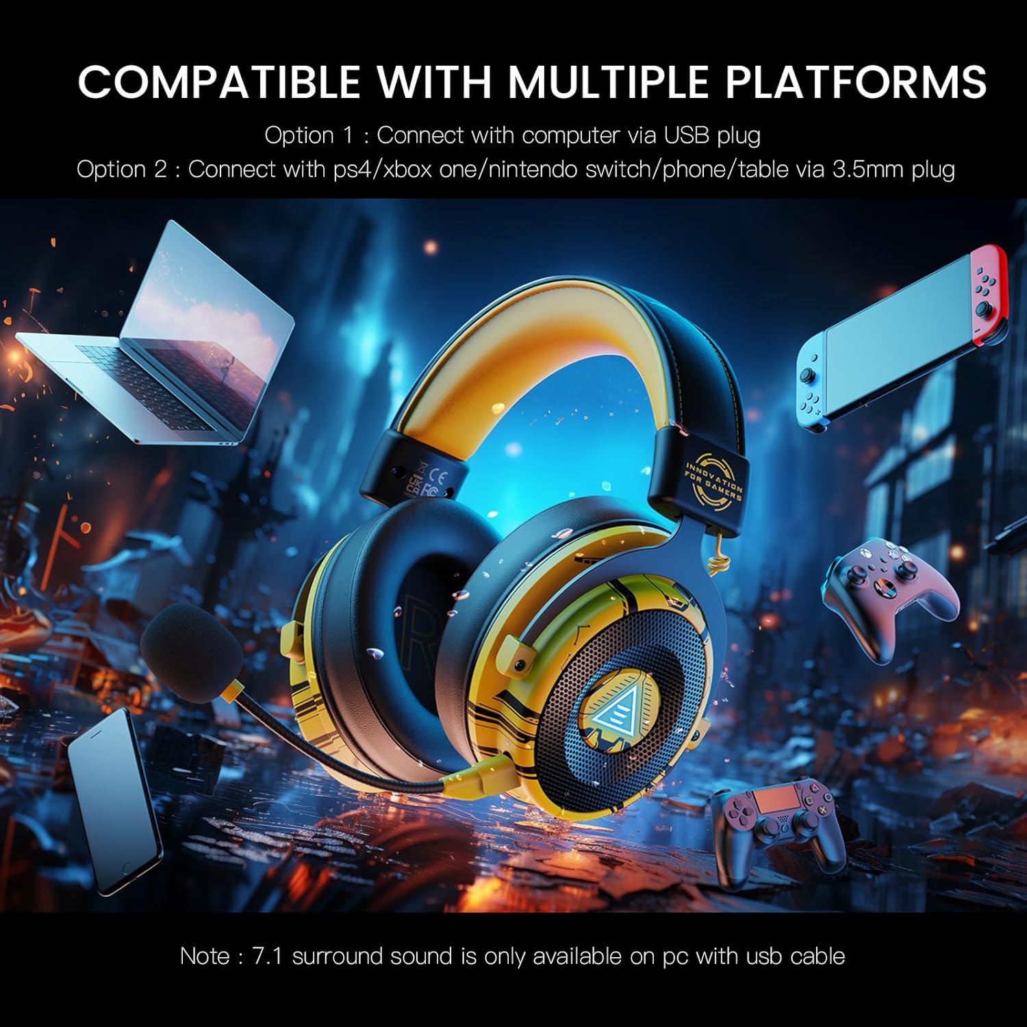 Thumbnail 6 de EKSA E900 Pro USB Gaming Headset with Detachable Noise-Cancelling Microphone and 7.1 Surround (Yellow)