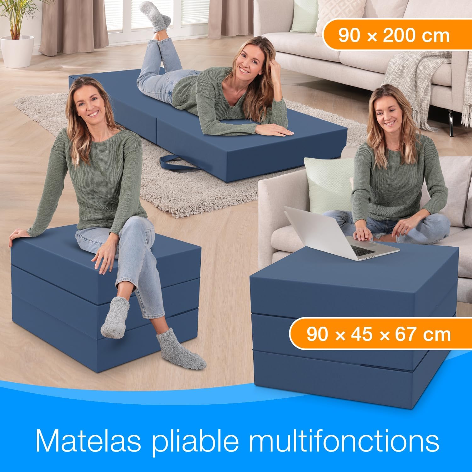 Detalle de ELONEO Matelas Pliant 90x200 cm – Matelas d'appoint pliable en 3 parties, mousse 15 cm, lavable et pliable en cube