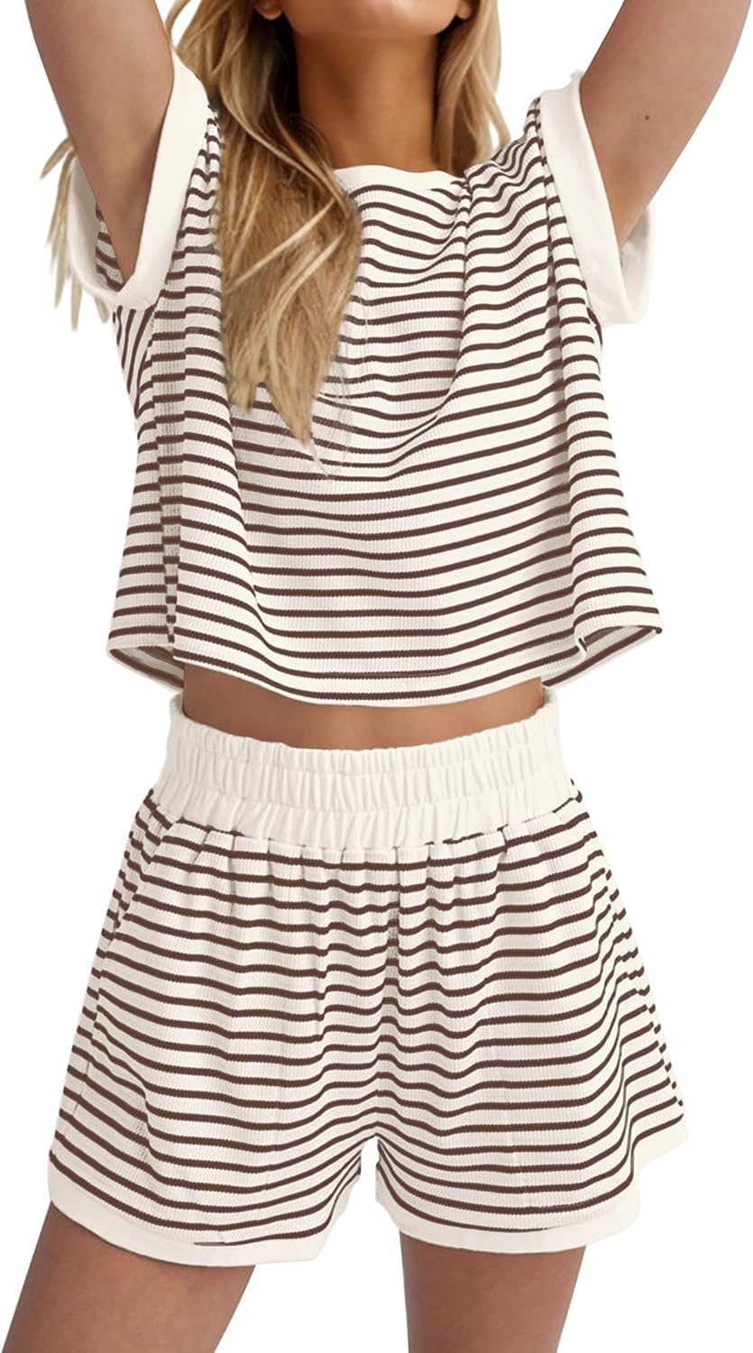Thumbnail 5 de MISSACTIVER 2 Piece Lounge Set for Women – Stripe Knit Short Sleeve Tee + Matching Shorts