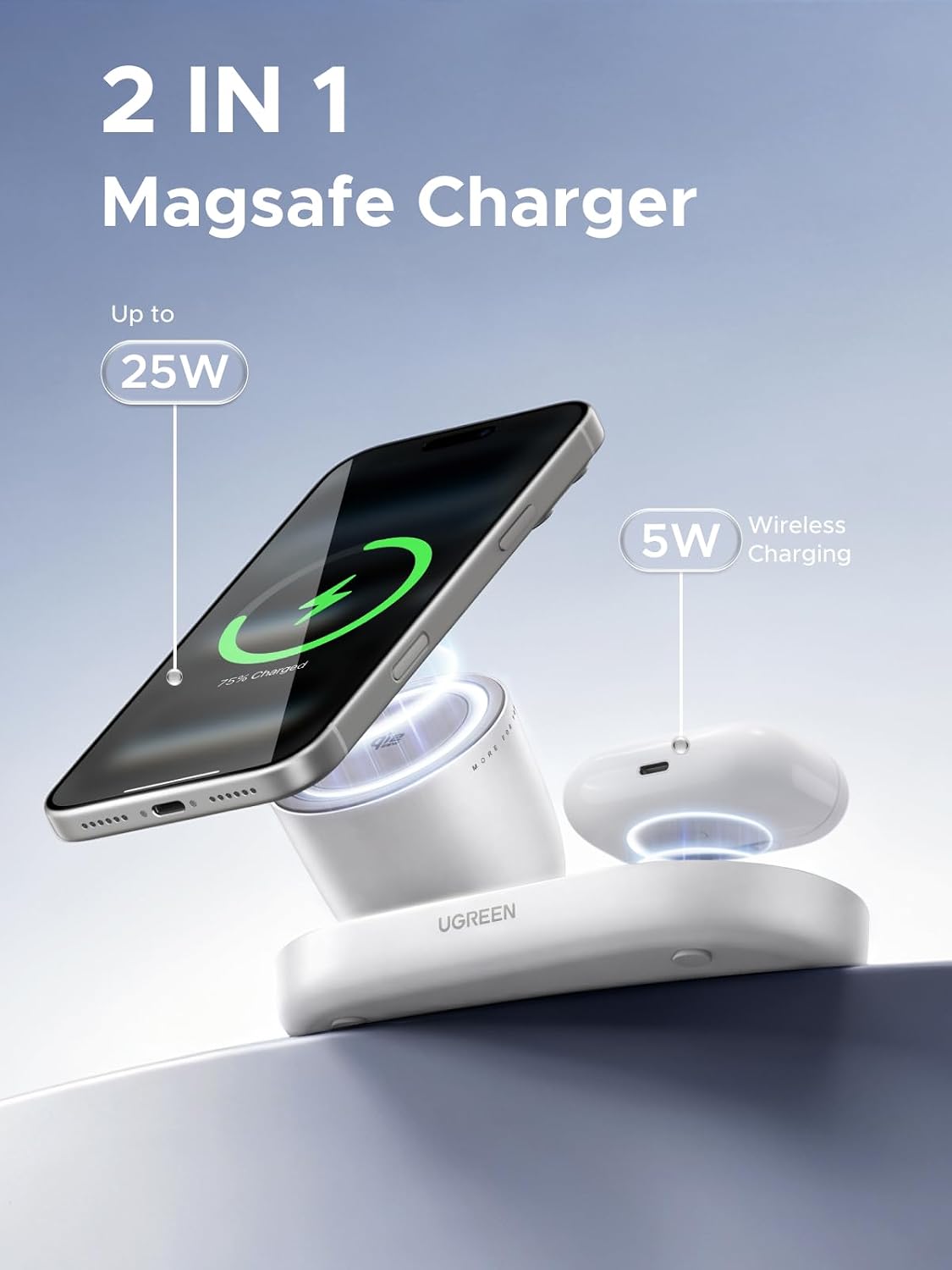Detalle 2 de UGREEN W751 Qi2.2 25W 2-in-1 Magnetic Wireless Charger Stand