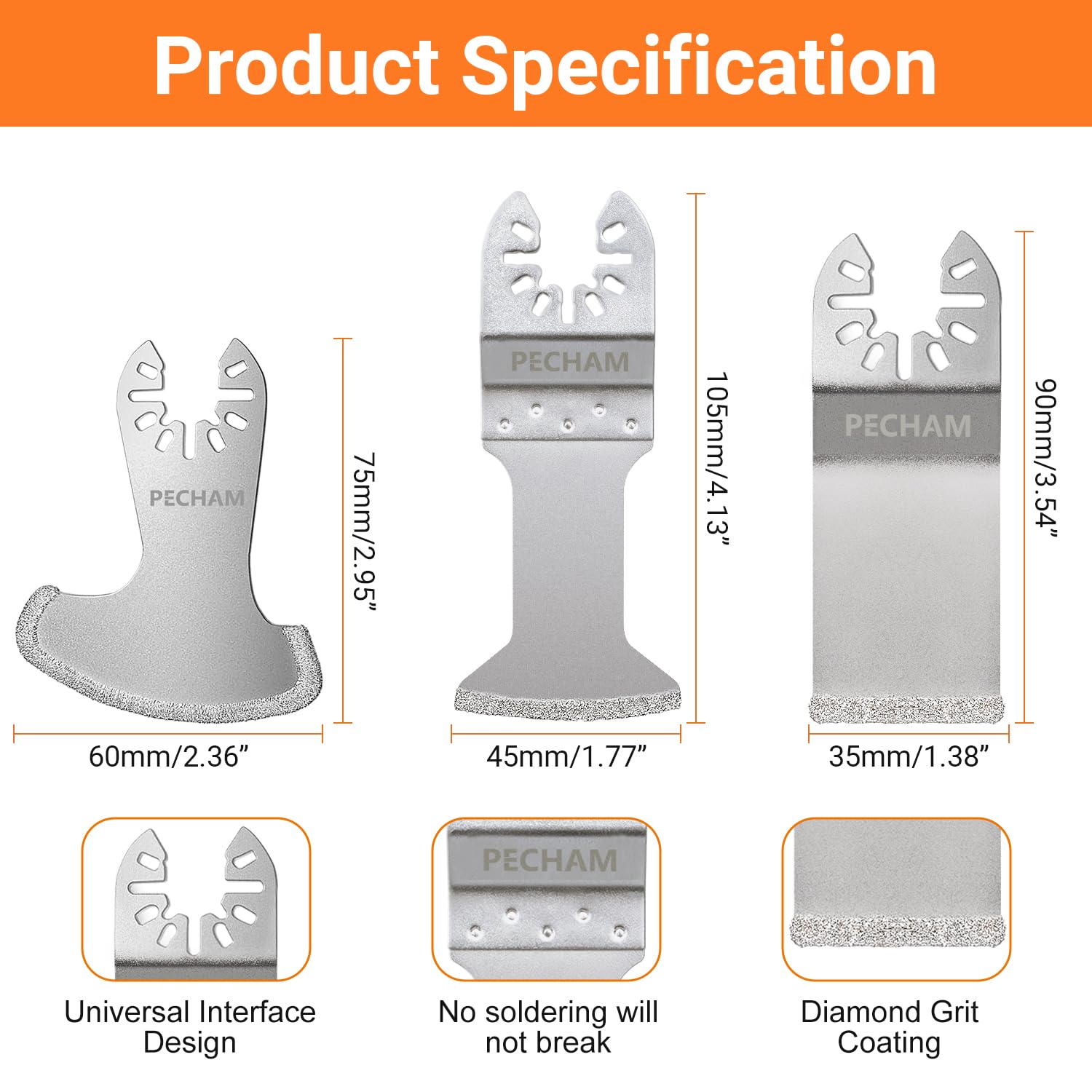 Detalle de PECHAM Tools-001 9-Piece Diamond Oscillating Blade Set for Grout and Soft Tile