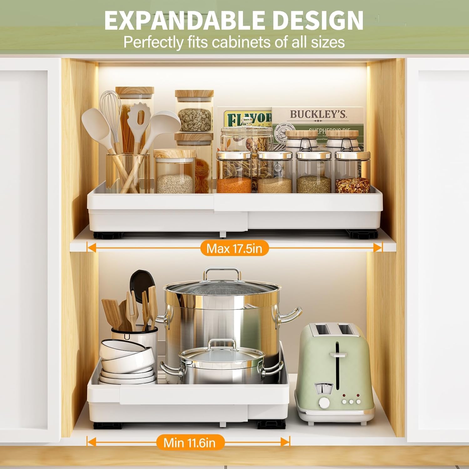 Thumbnail 1 de DOMNIU 2-Pack Pull-Out Cabinet Organizers (Expandable, Adhesive Nano Film), White — 11.6"-17.5