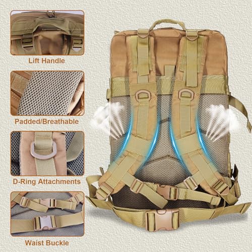 Detalle de HEMSO Mochila Táctica Militar 45 L - Impermeable, 50x30x30 cm, Caqui