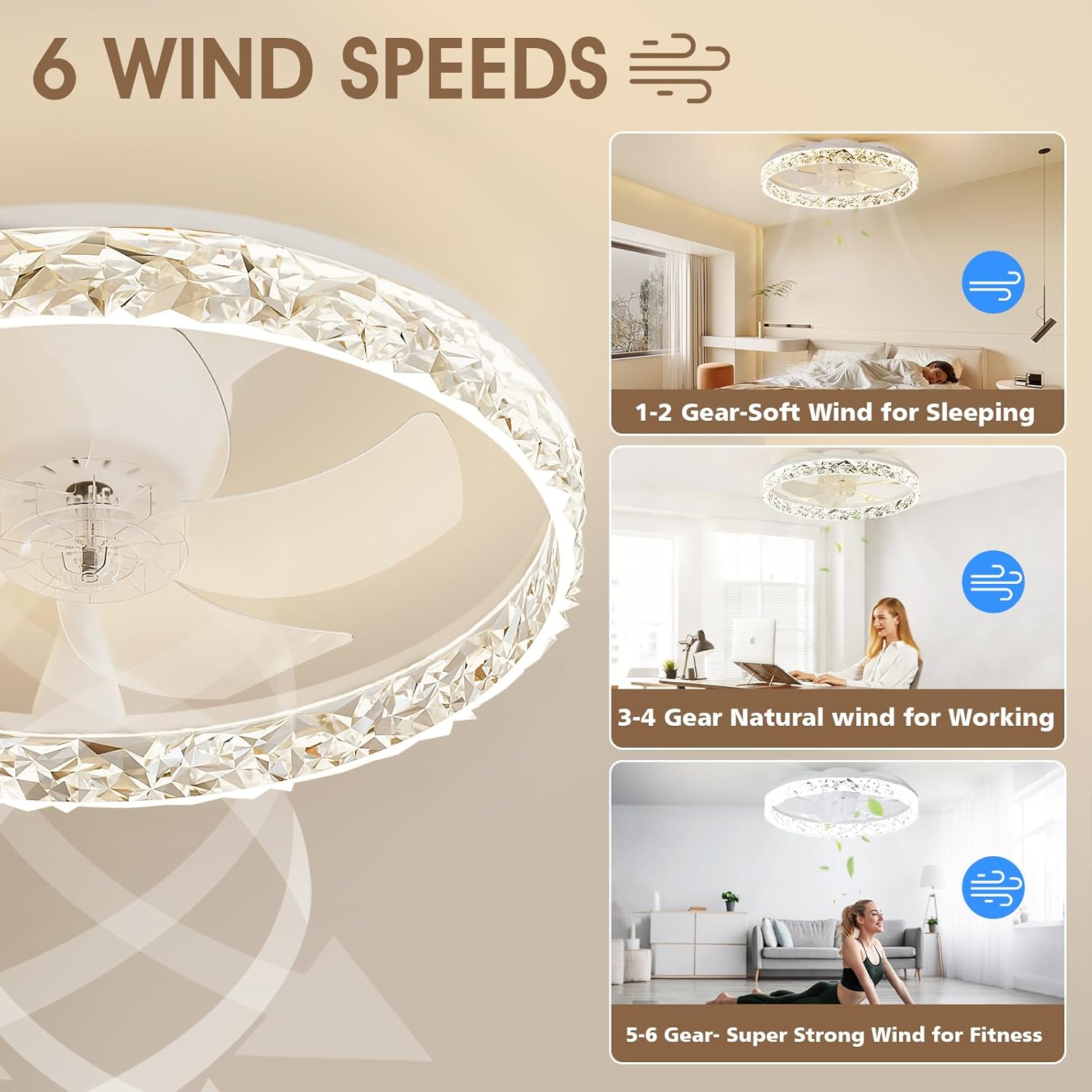 Thumbnail 3 de NIORSUN 50cm LED ceiling fan with lights, APP remote and dimmable 6-speed control (White)