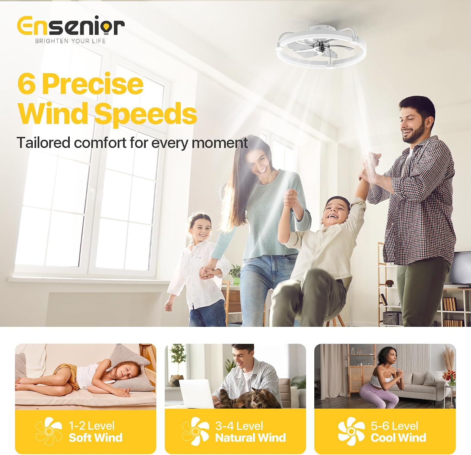 Detalle de Ensenior 50cm Ceiling Fan with Lights and Remote – Quiet, Dimmable LED and Remote Control