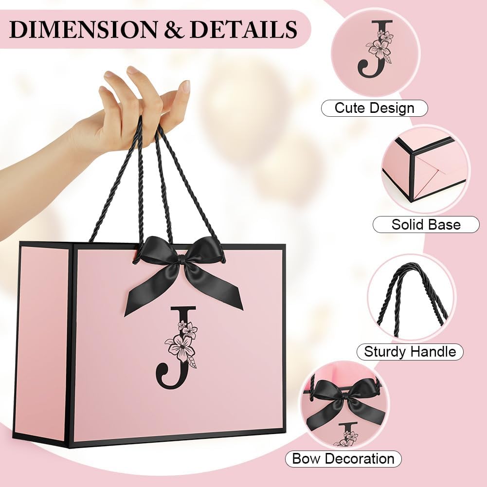 Thumbnail 2 de Vicloon Birthday Gift Bag, Pink and Black Letter J, with Bow and Card