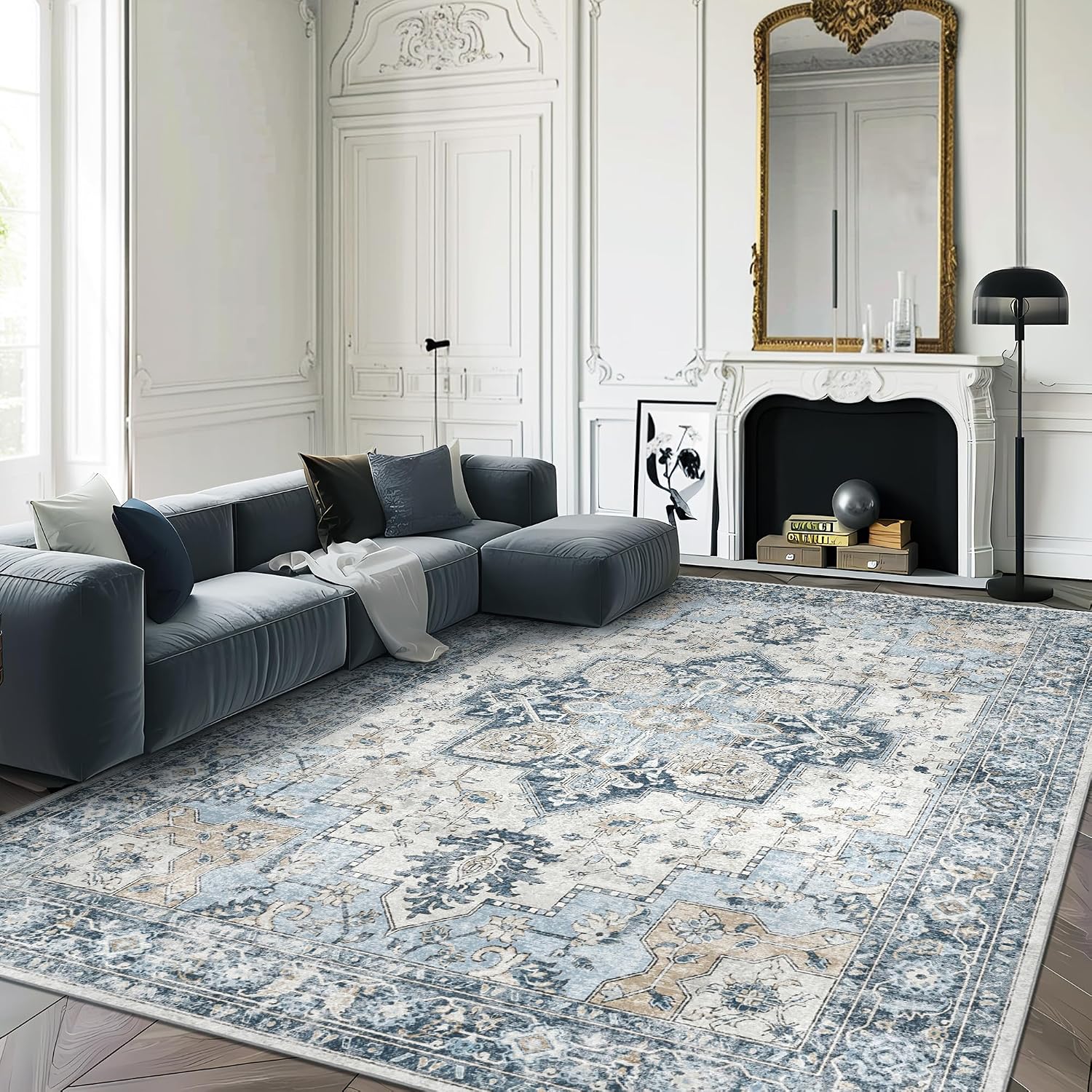 Detalle de GENIMO 6x9 Washable Area Rug—Blue Gold Vintage Floral, Non-Slip & Lightweight
