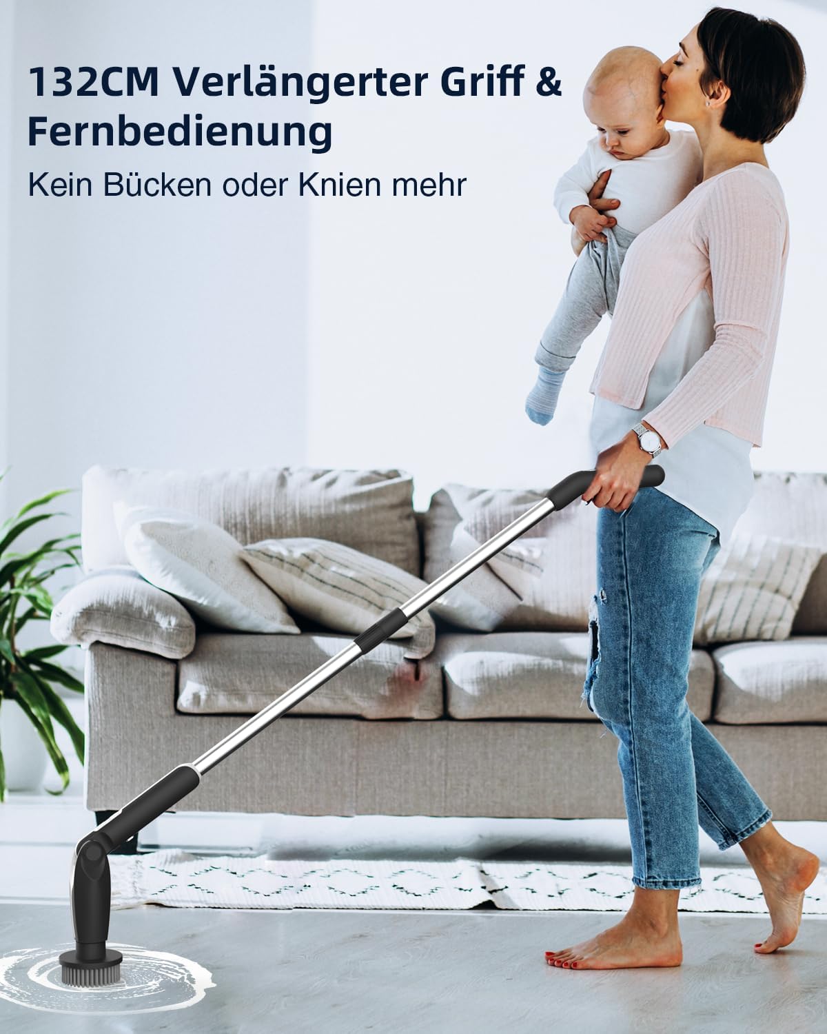 Detalle de Leebein Elektrische Reinigungsbürste YMG-820 – 8 Bürstenköpfe, 2 Geschwindigkeiten, verlängerbarer Griff