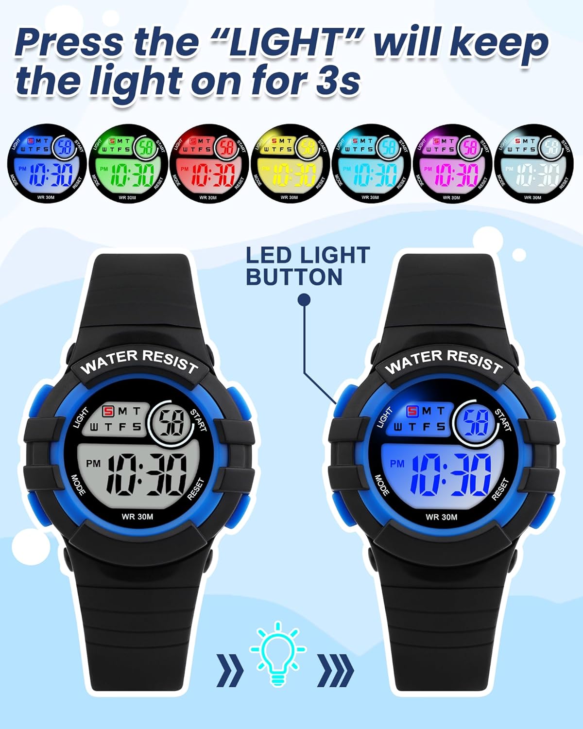 Thumbnail 1 de Ayybboo Montre enfant numérique garçon/fille étanche 30 m – LED 7 couleurs, alarme et chronomètre