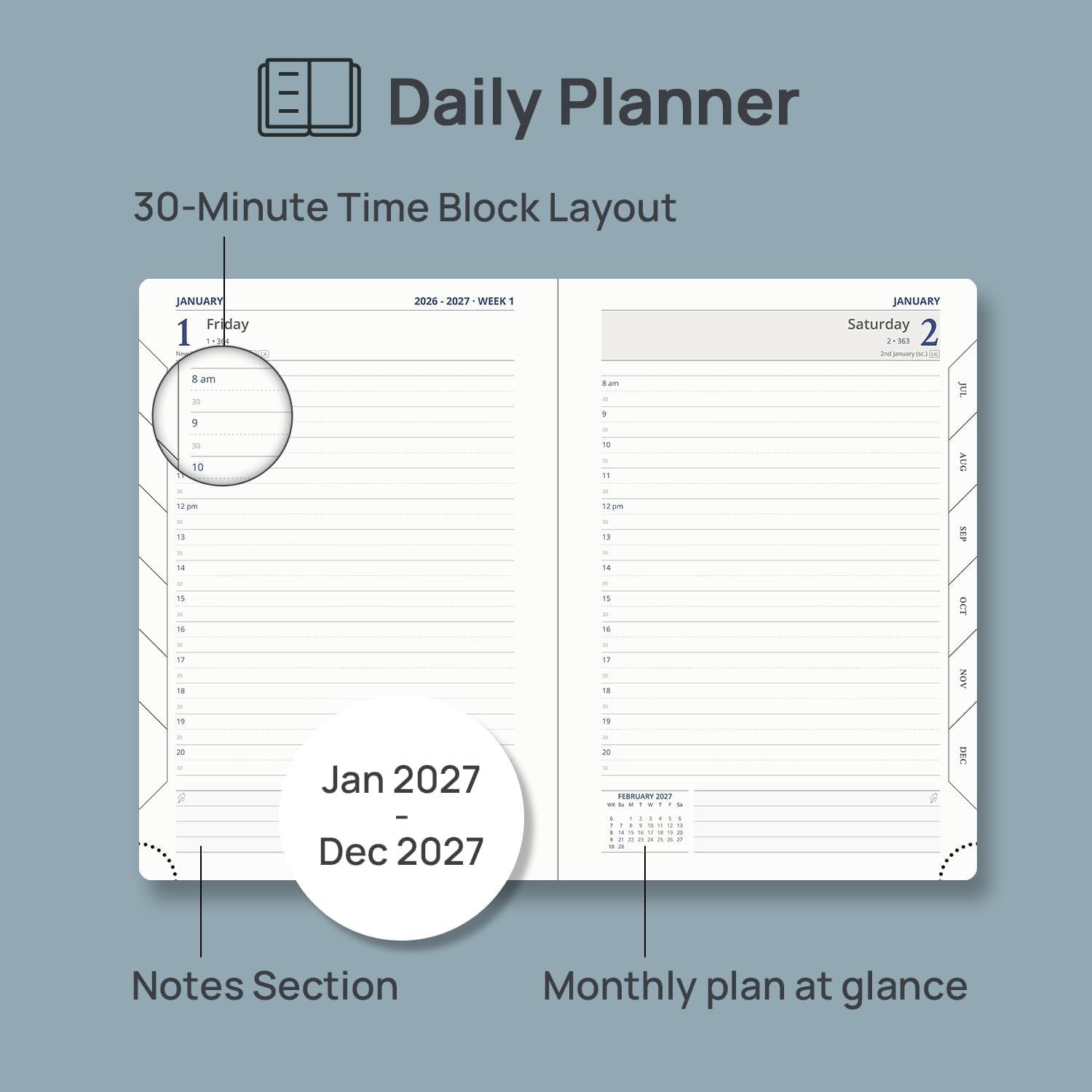 Thumbnail 2 de POPRUN Daily Planner 2027, 5.75" × 8.5", Hourly Schedule, Brown Faux Leather