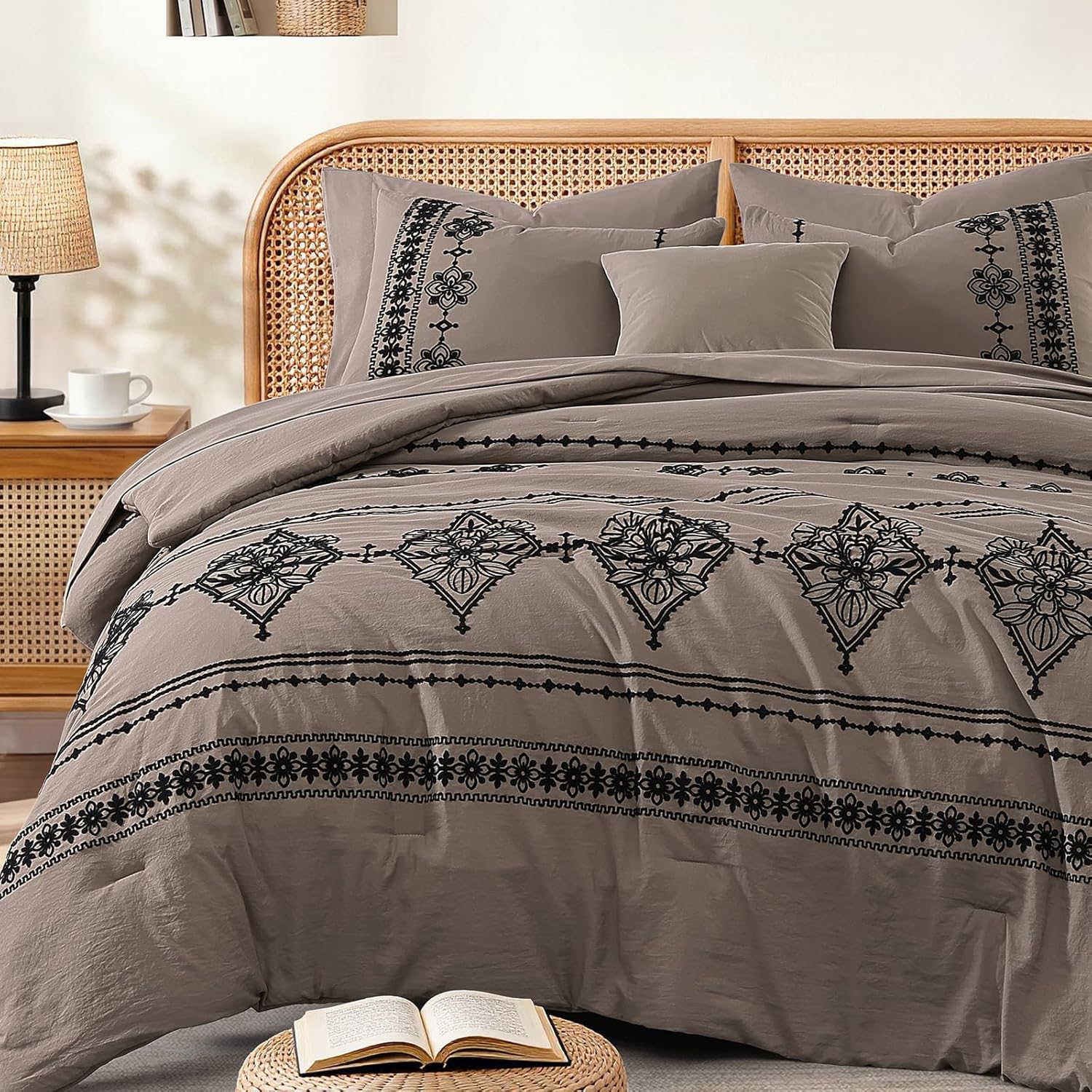 Thumbnail 5 de MaiRêve Queen Size Comforter Set Taupe Grey with Embroidered Boho Western Style