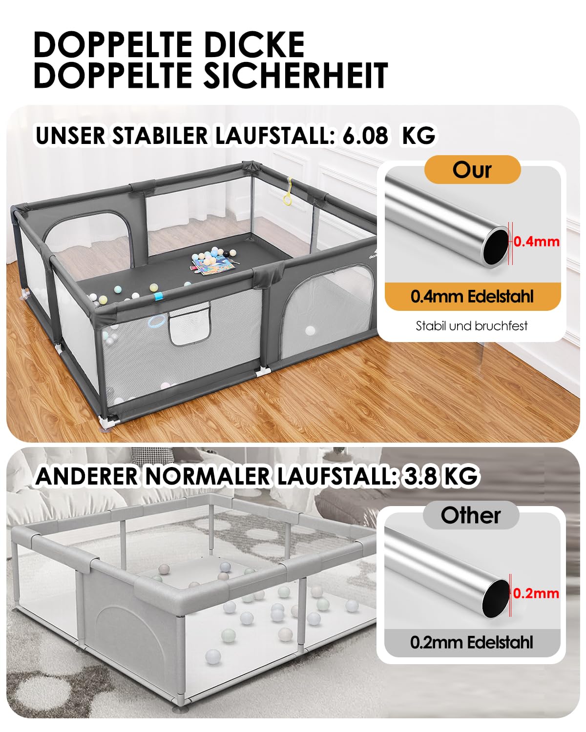 Thumbnail 1 de derimkcoa Laufstall Baby – Großer, tragbarer Laufgitter 150x180x66 cm, Grau