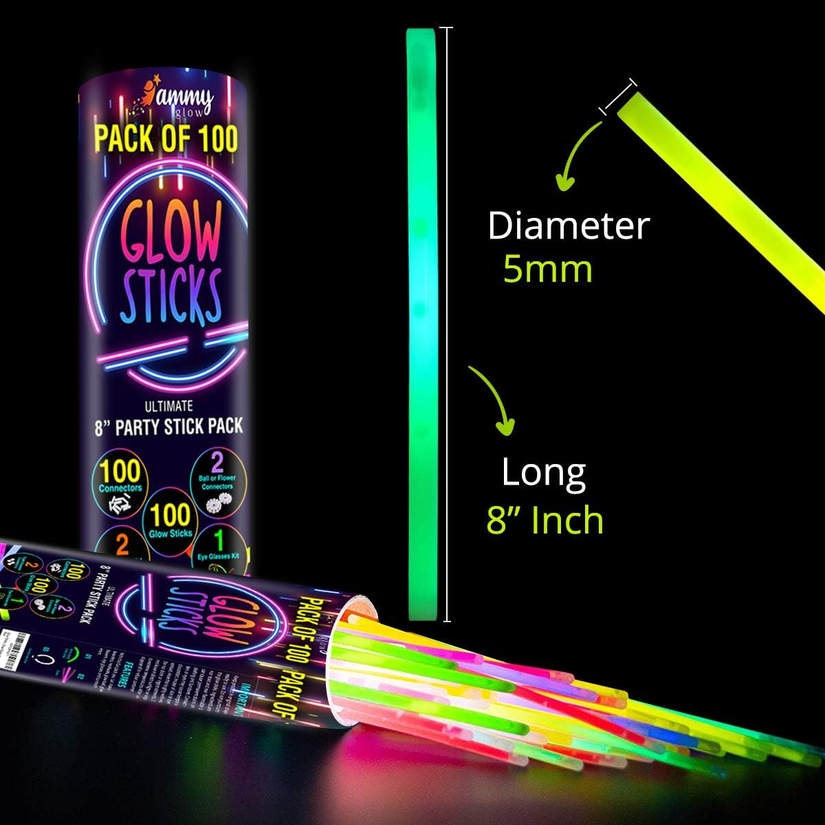 Thumbnail 4 de Ammy Glow Glow Sticks (205 Pcs Kit) Bulk Party Pack with Connectors & Glasses